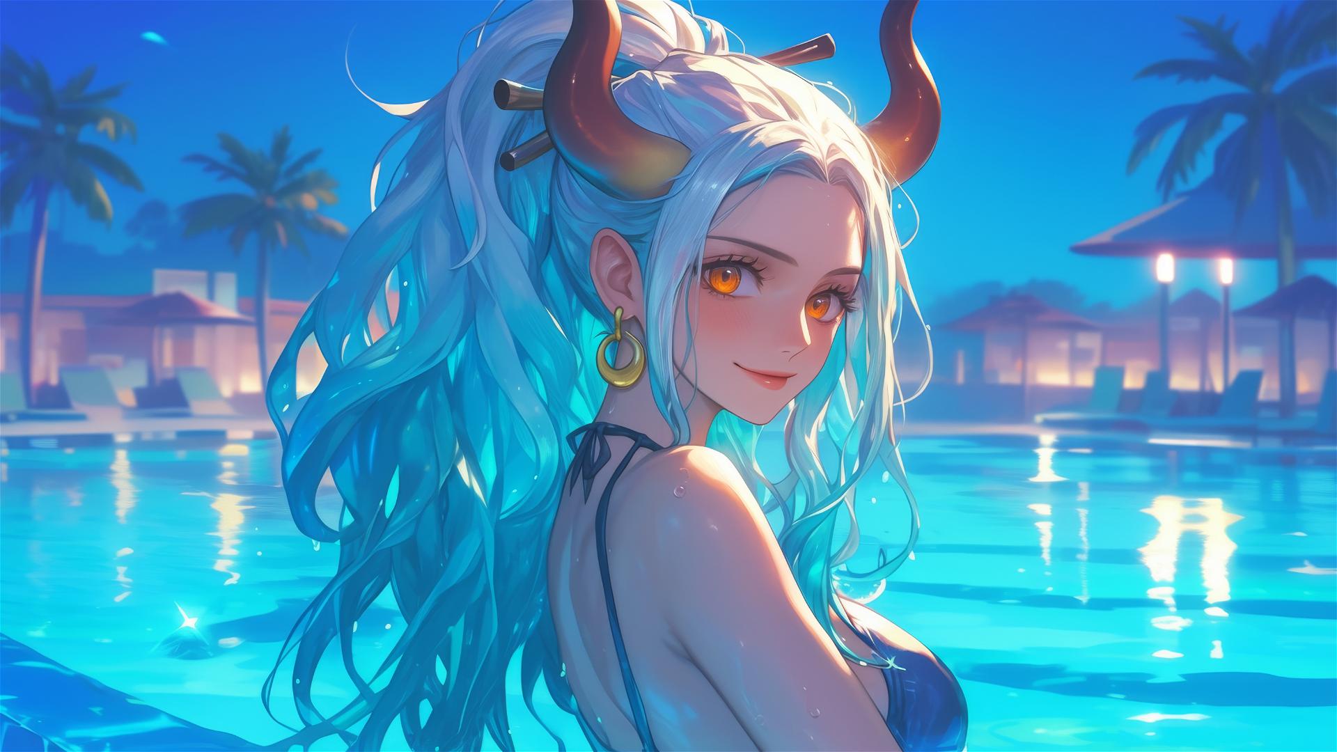 Yamato from One Piece by the pool in moonlight, orange eyes aglow