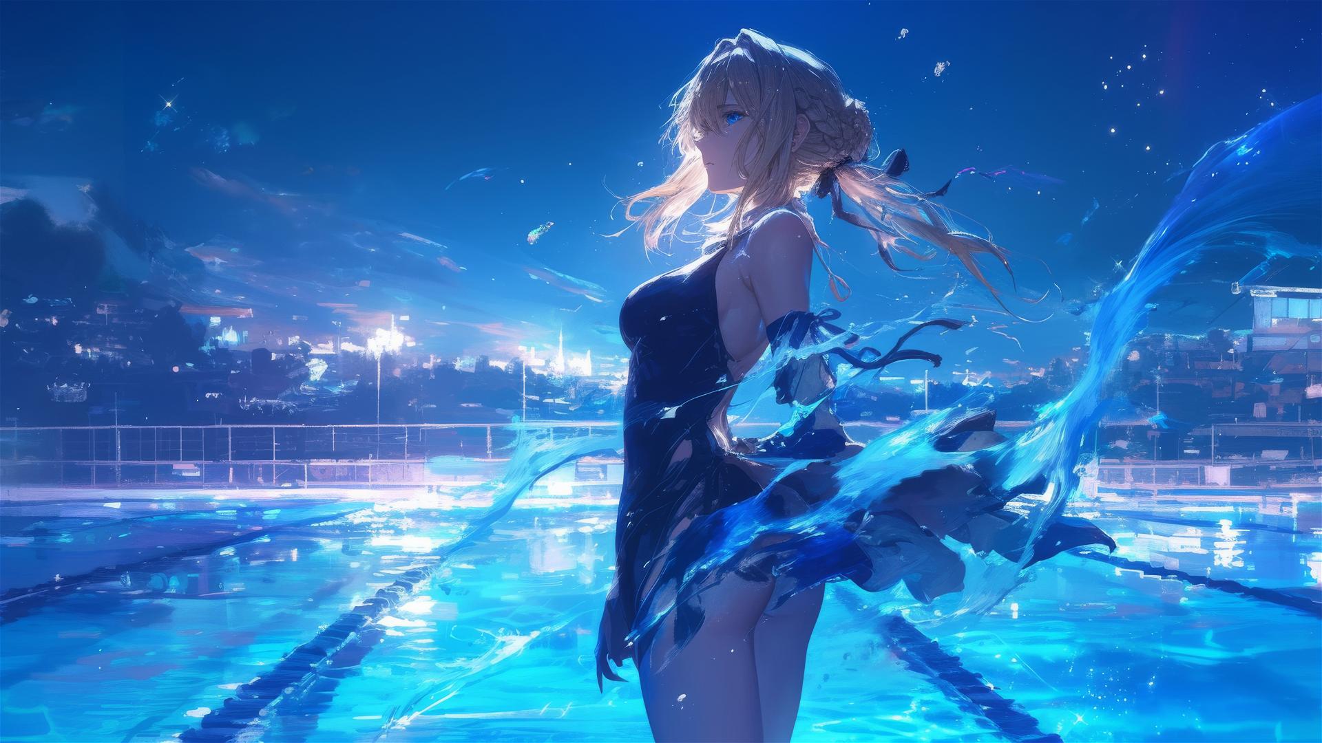 Violet Evergarden standing in a pool under moonlight