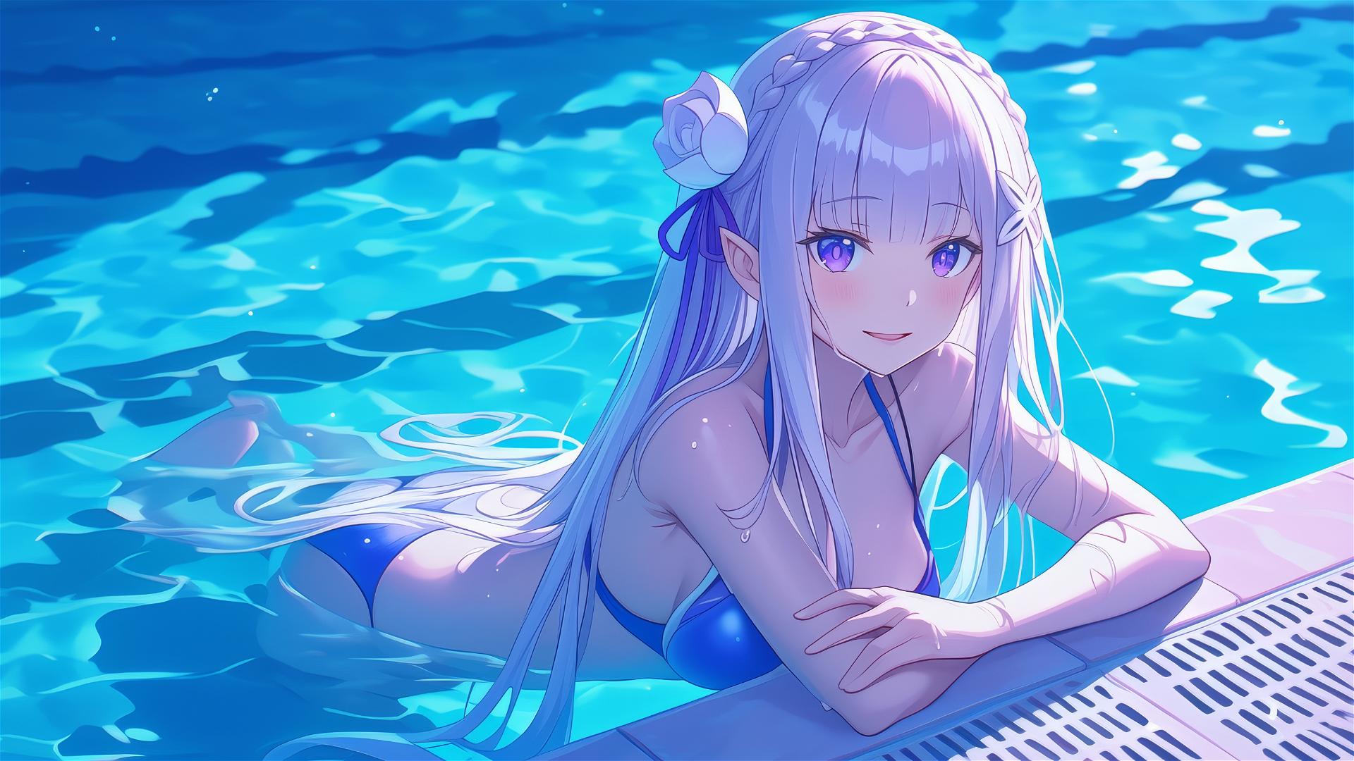Emilia from Re:Zero resting in a pool under moonlight