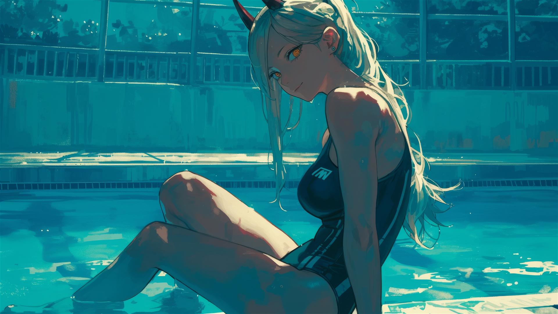 Power from Chainsaw Man resting by pool under moonlight with yellow eyes