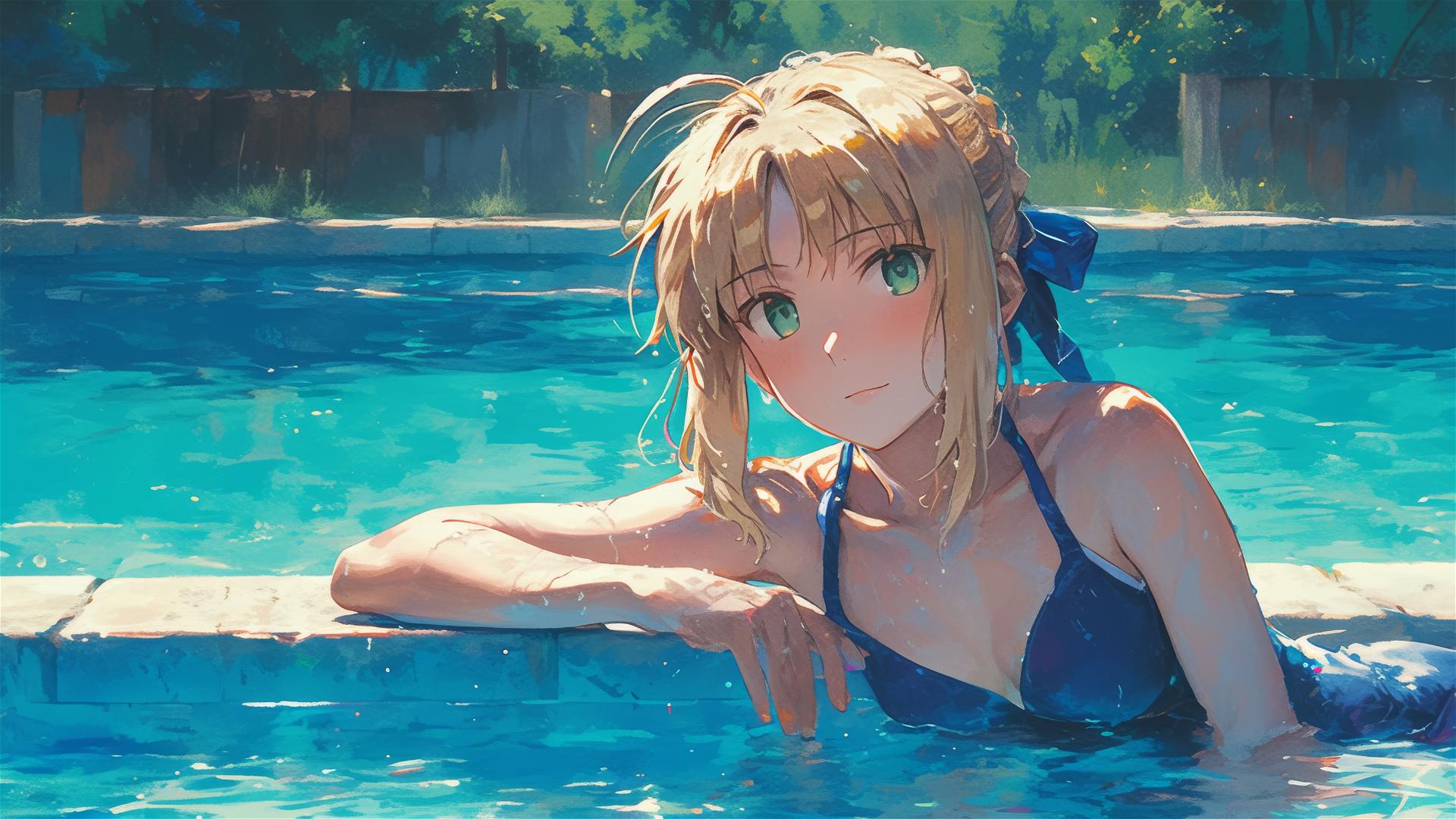 Saber from Fate/Zero resting by pool under moonlight