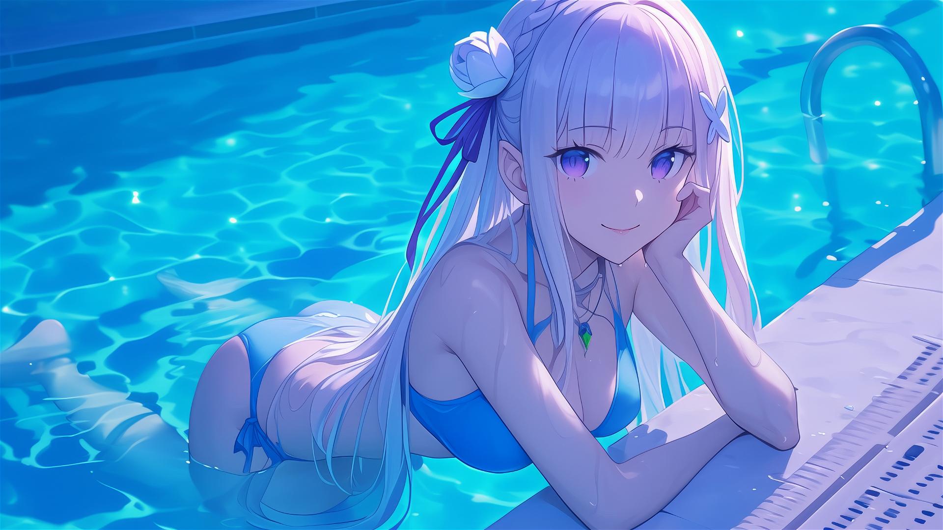 Emilia from Re:Zero resting in a pool under moonlight