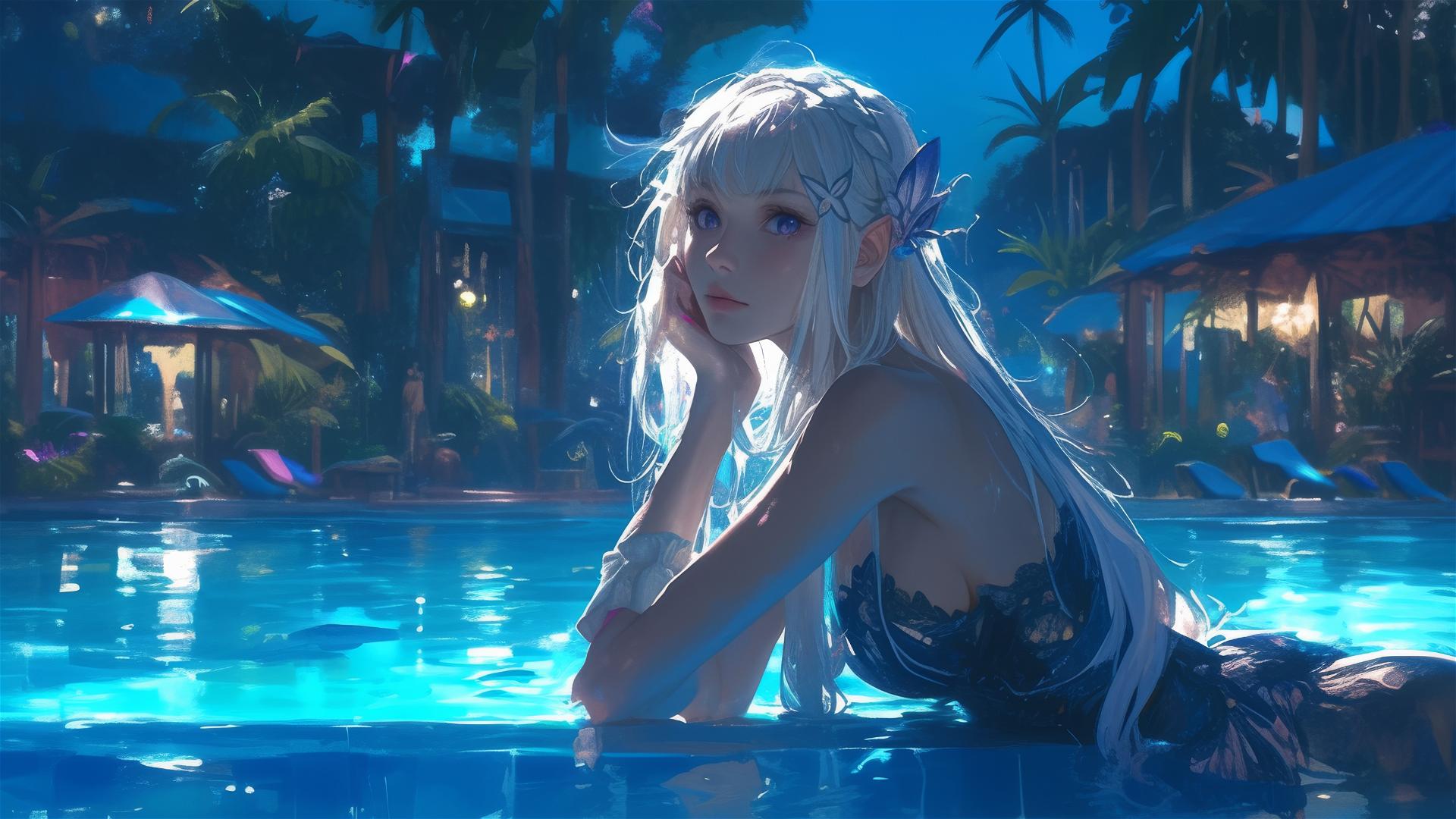 Emilia from Re:Zero resting by the pool under moonlight