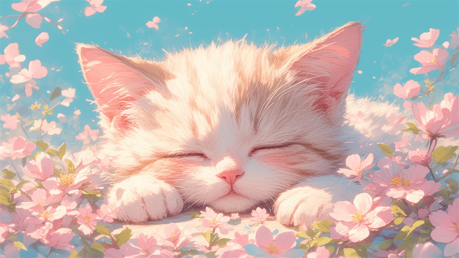 Colorful animation of a British Shorthair cat asleep amidst flowers