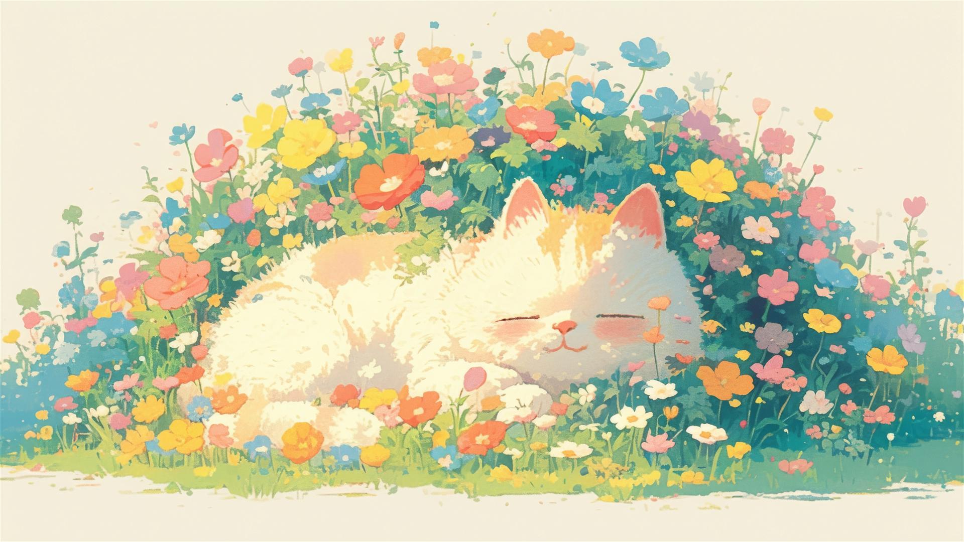 Colorful panoramic Japanese animation with a sleeping British Shorthair surrounded by flowers