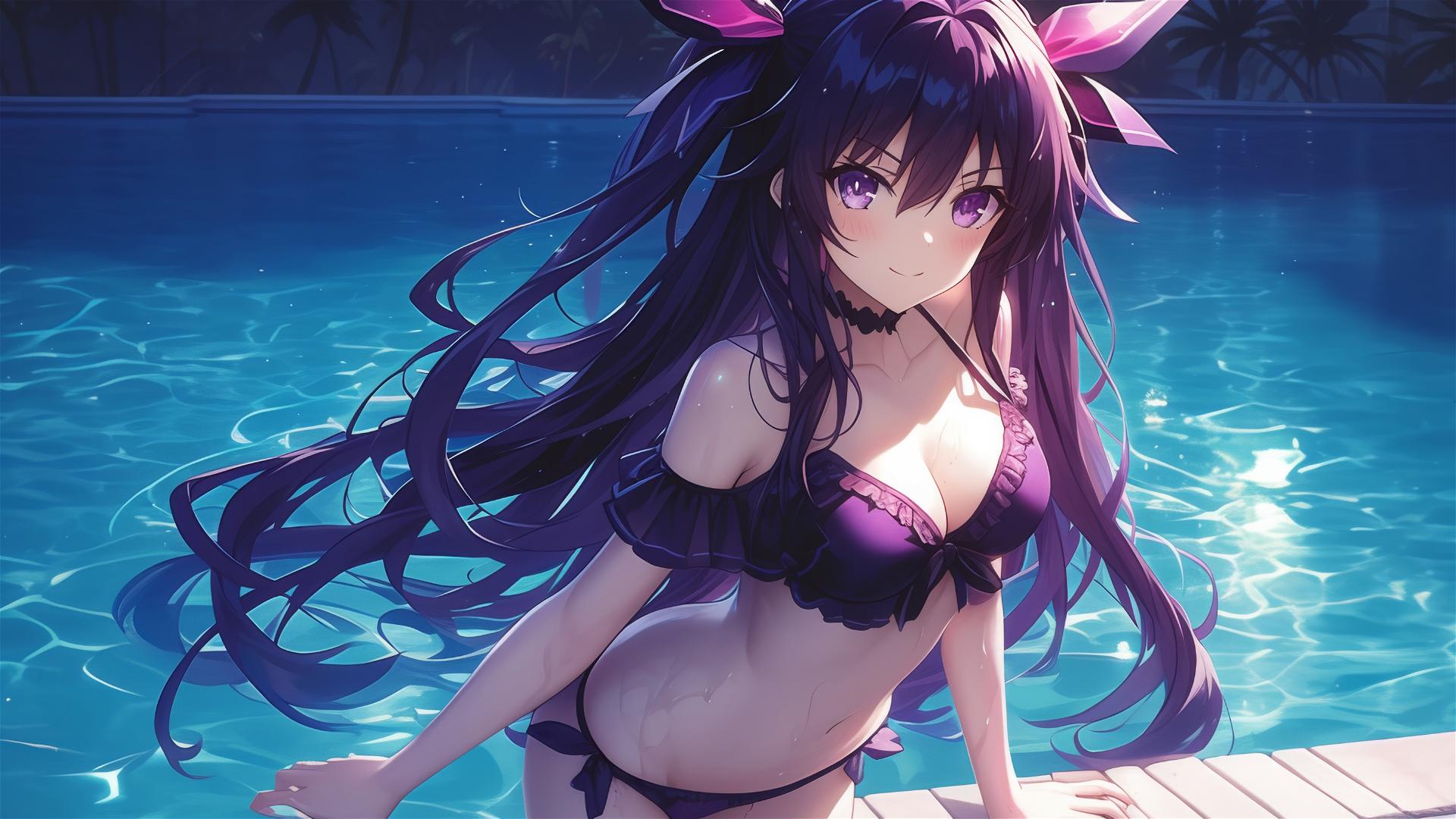 Tohka Yatogami standing in a pool under moonlight with dark-purple hair and eyes