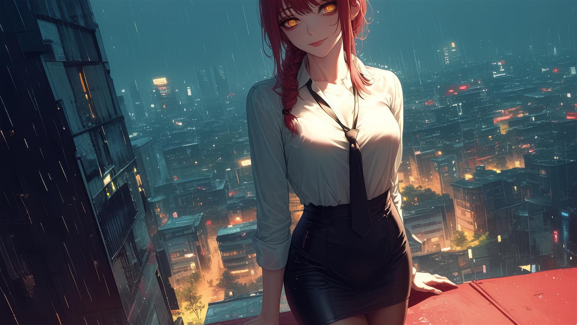 Makima from Chainsaw Man on a rainy rooftop with moonlit red hair and heels in bunny style.