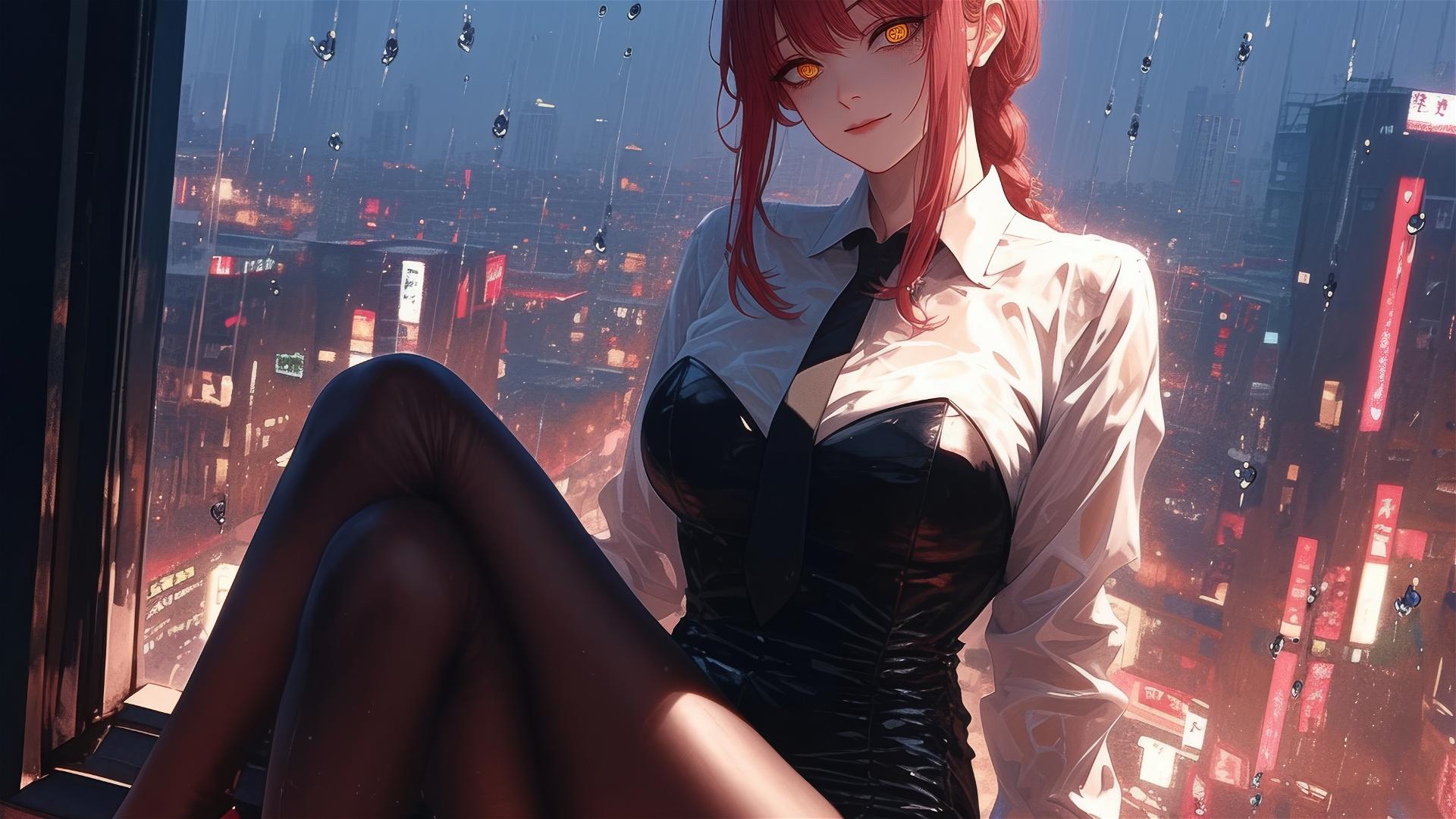 Makima from Chainsaw Man on rooftop, rain, moon glow, red hair, red heels, bunny style