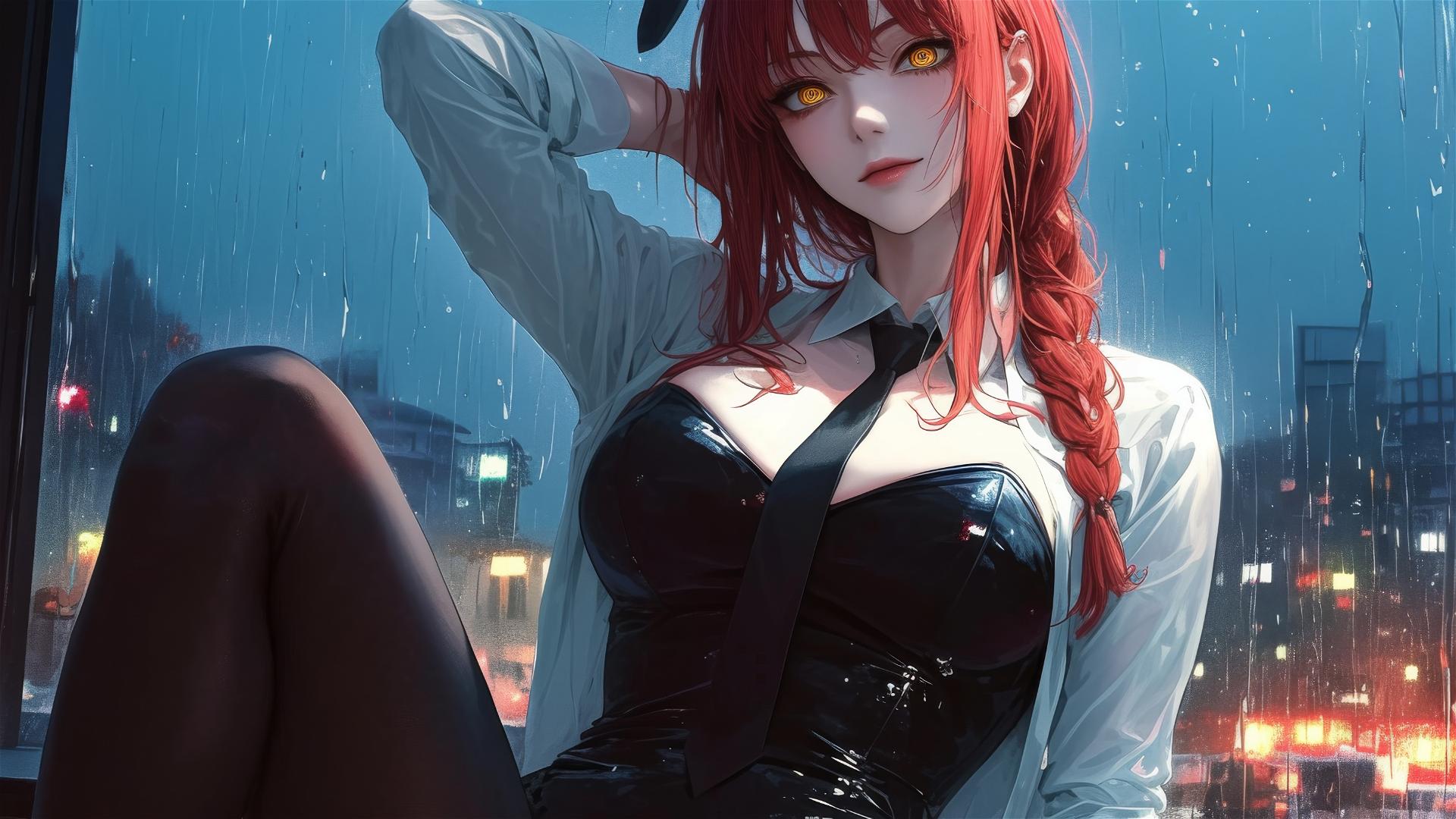 Makima from Chainsaw Man under moonlight, red hair in bunny girl outfit, rainy scene