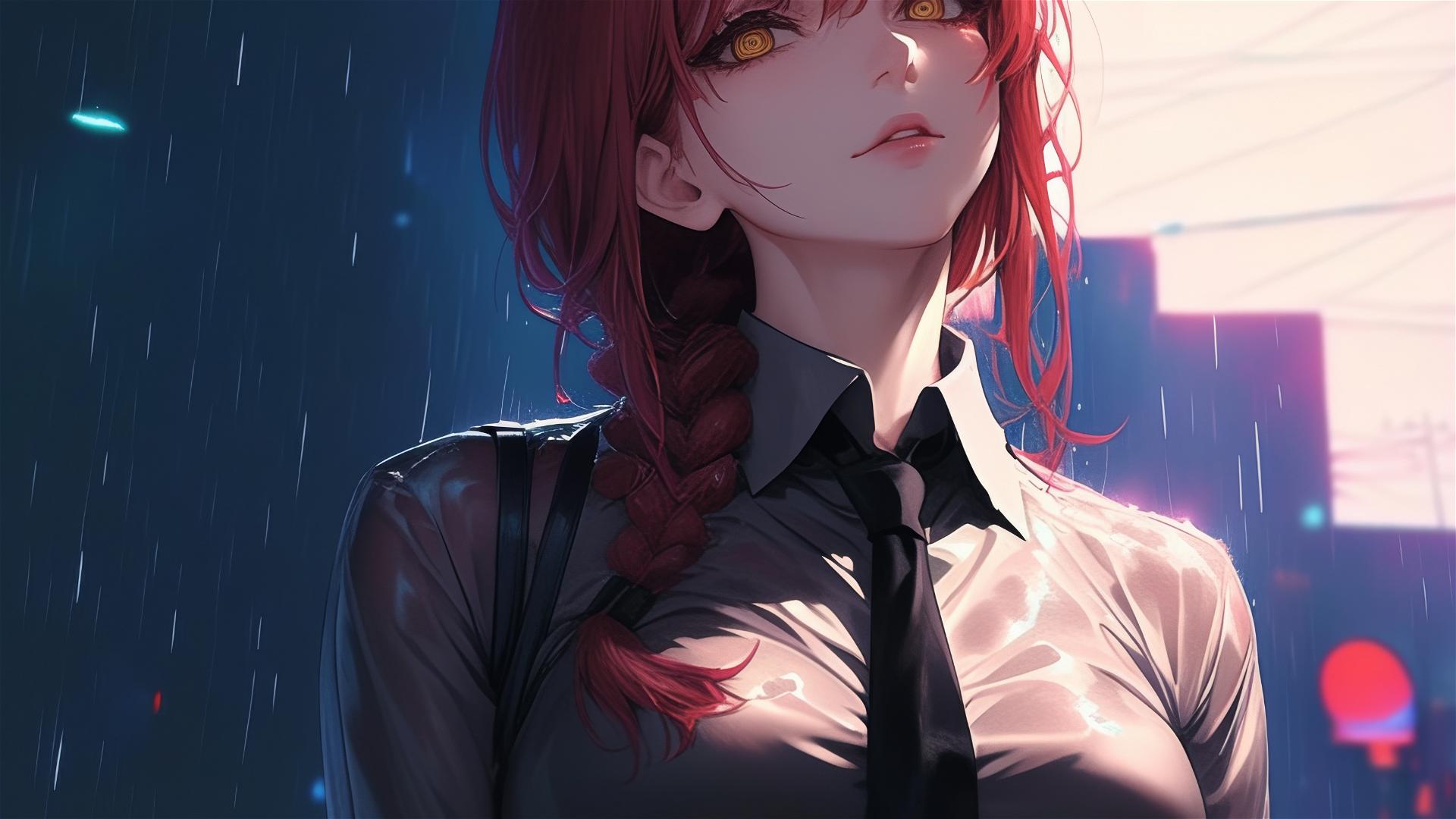 Makima from Chainsaw Man in rain, moonlight on red hair, bunny girl style