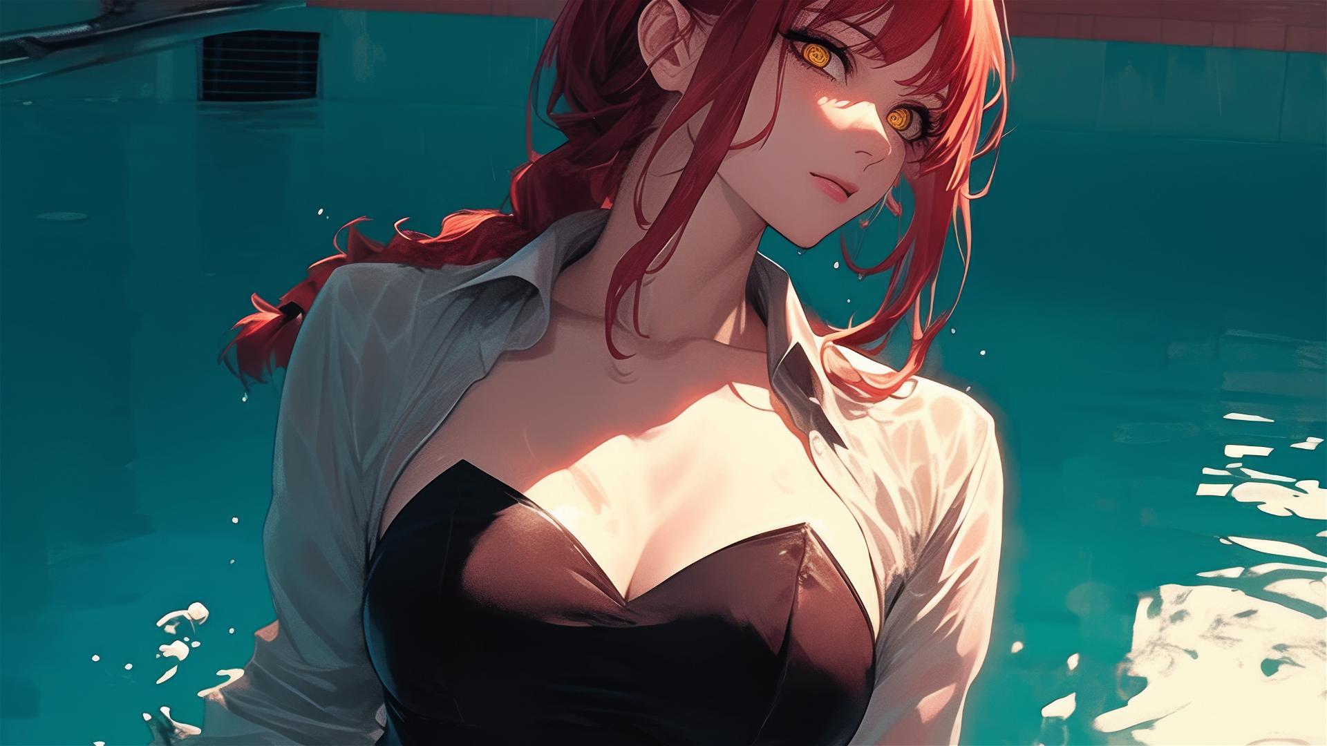 Makima from Chainsaw Man swimming, moonlight glow, red hair, rainy day, bunny girl style