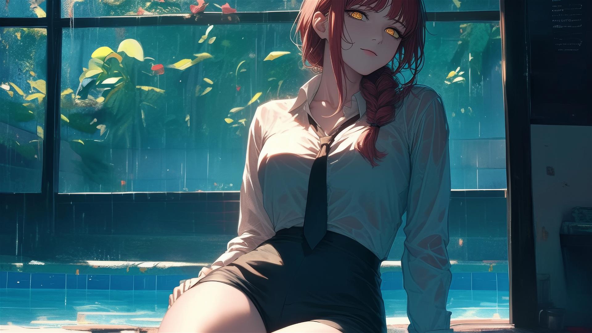 Makima from Chainsaw Man resting by the pool in moonlight, rainy, bunny girl style