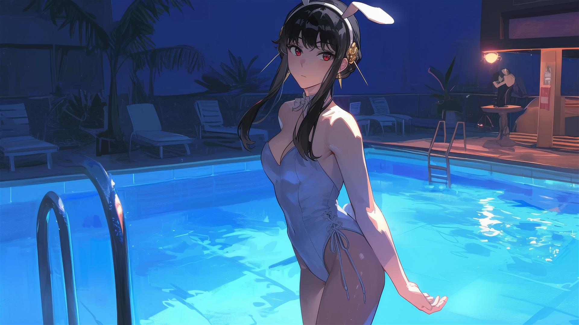 Yor Forger in bunny costume in moonlit pool on rainy day