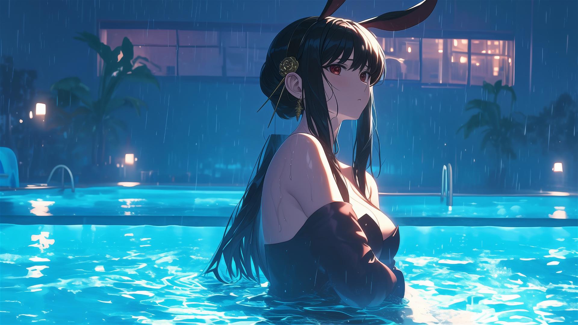 Yor Forger in bunny girl outfit standing in a pool under moonlight on a rainy day