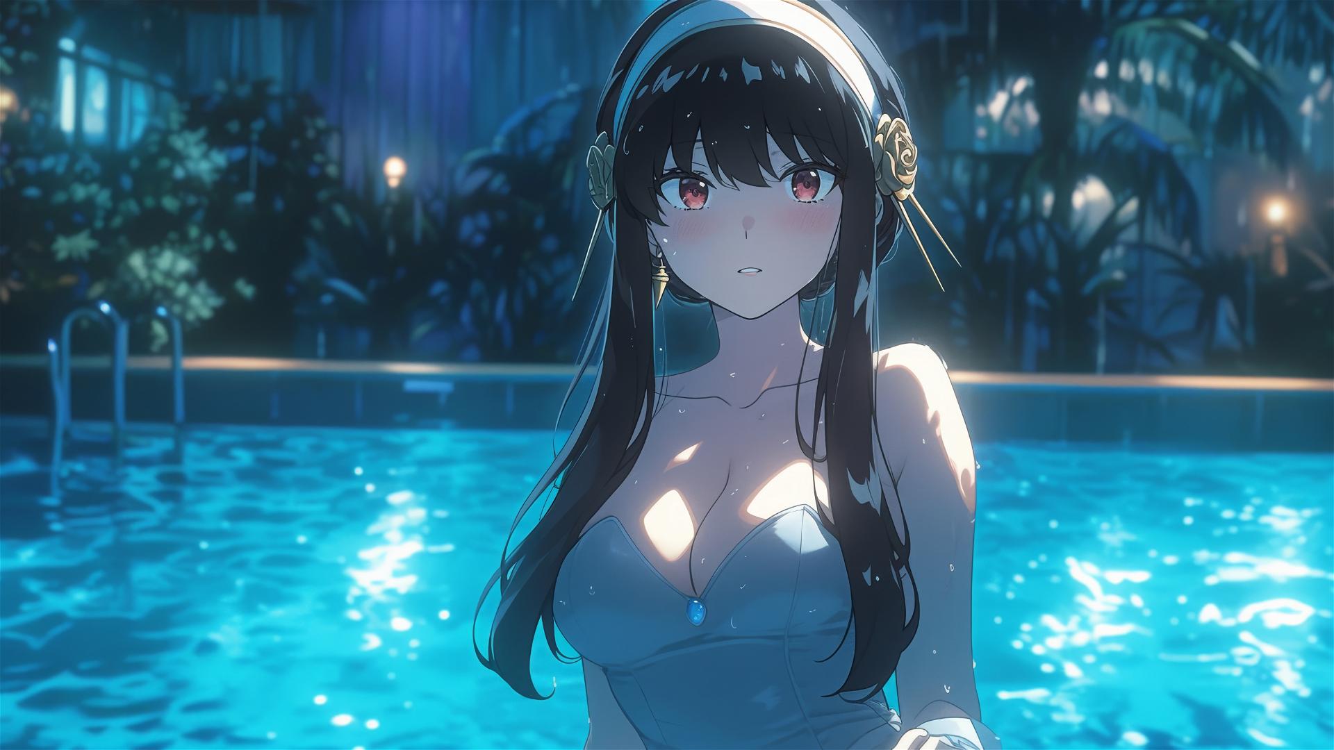 Yor Forger from Spy x Family in bunny girl style, standing in pool under moonlight on a rainy day, garbed in white.