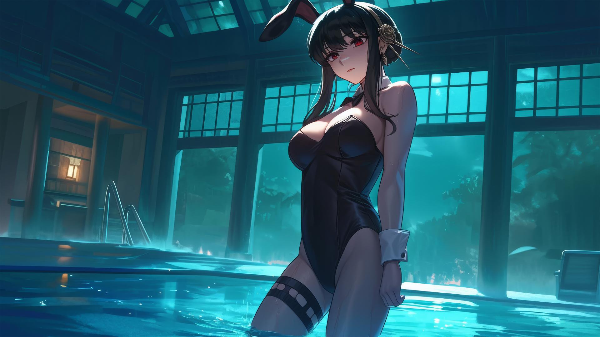 Yor Forger as a bunny girl in a pool under moonlight on a rainy day