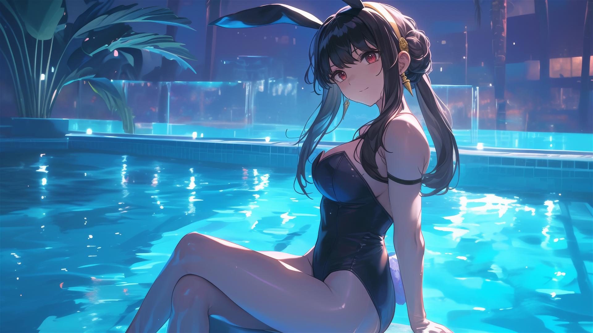 Yor Forger from Spy x Family, leisurely swimming in a pool under the moonlight, dressed in bunny girl style.