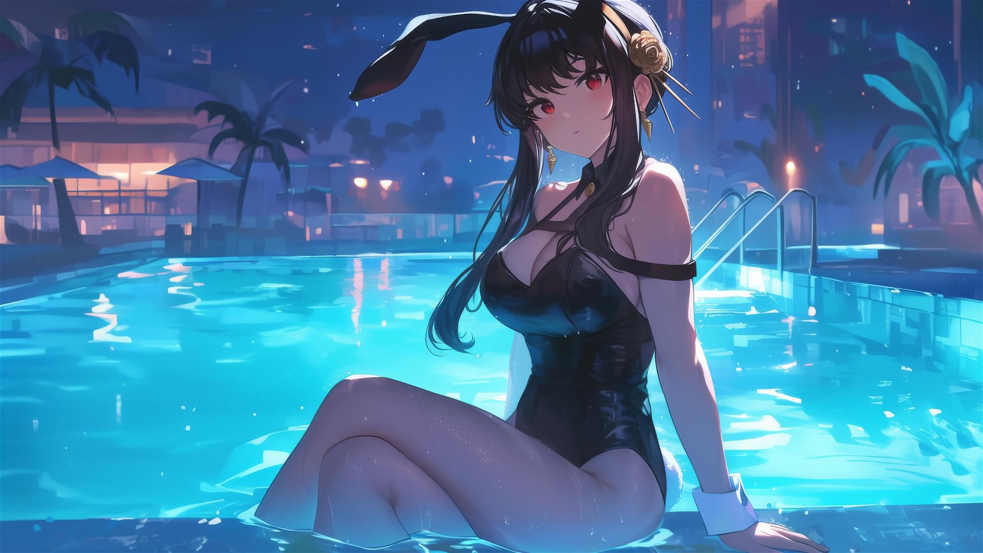Yor Forger as a bunny girl swimming in a moonlit pool