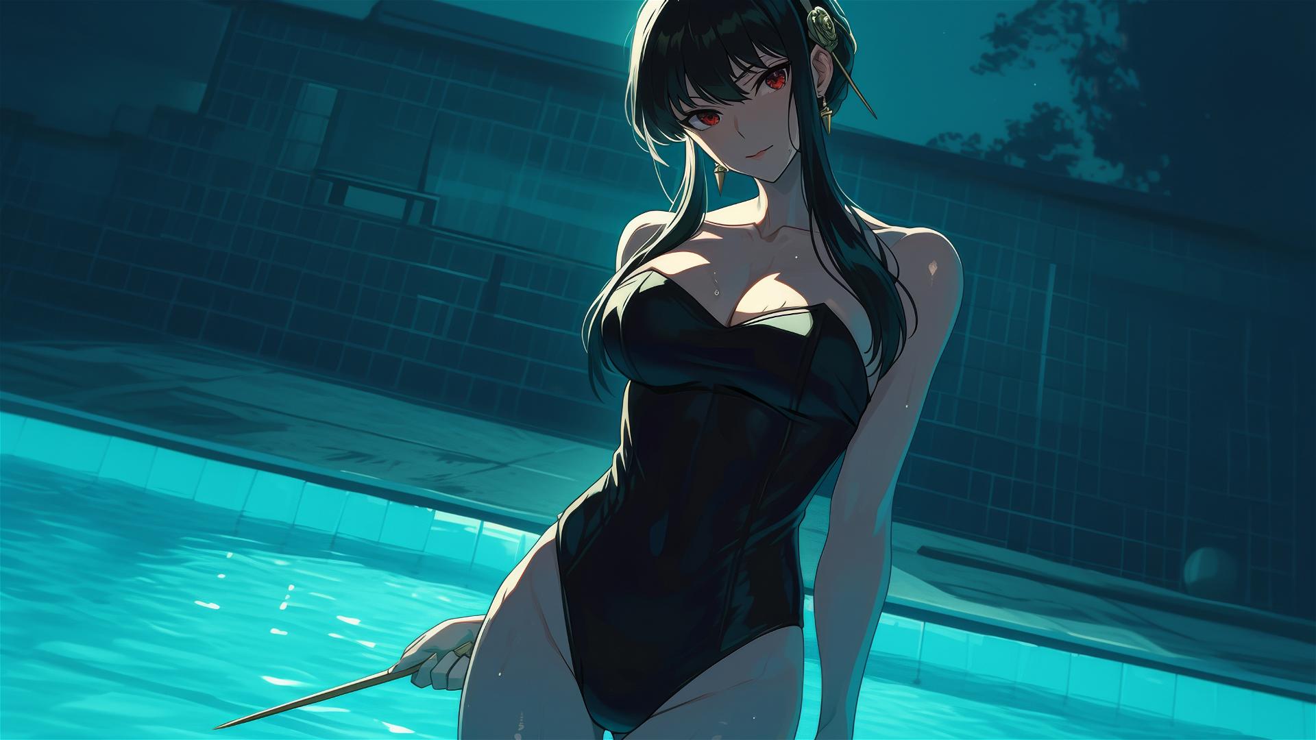 Yor Forger, Spy x Family, moonlight, swimming pool, bunny girl