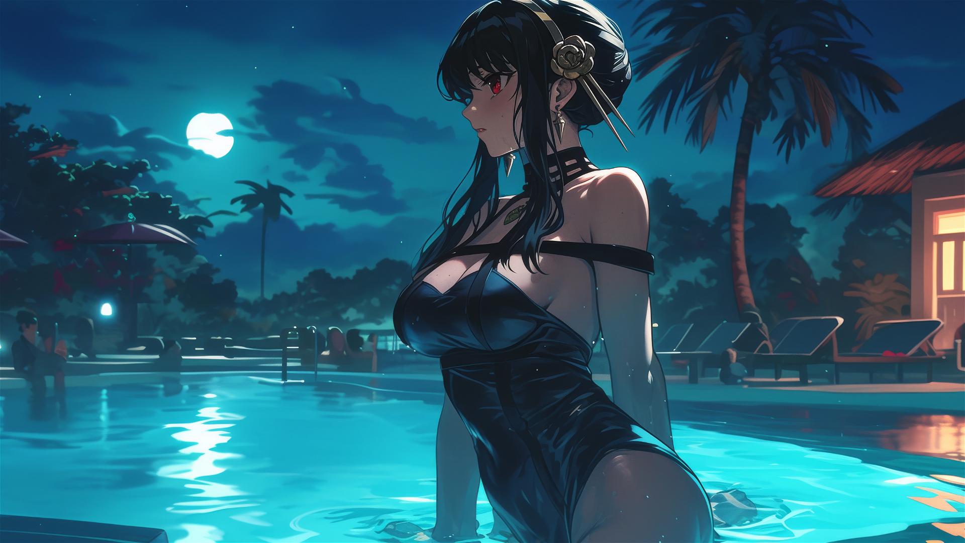Yor Forger from Spy x Family, in a bunny outfit, standing in a pool under moonlight