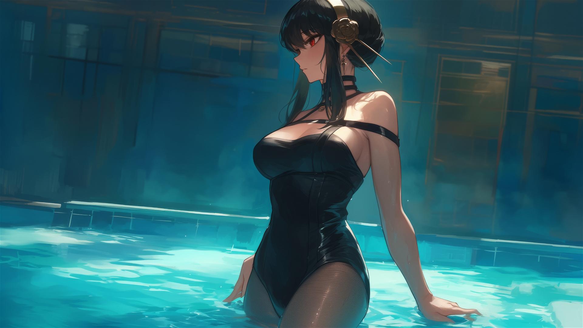 Yor Forger from Spy x Family in bunny girl outfit by moonlit pool