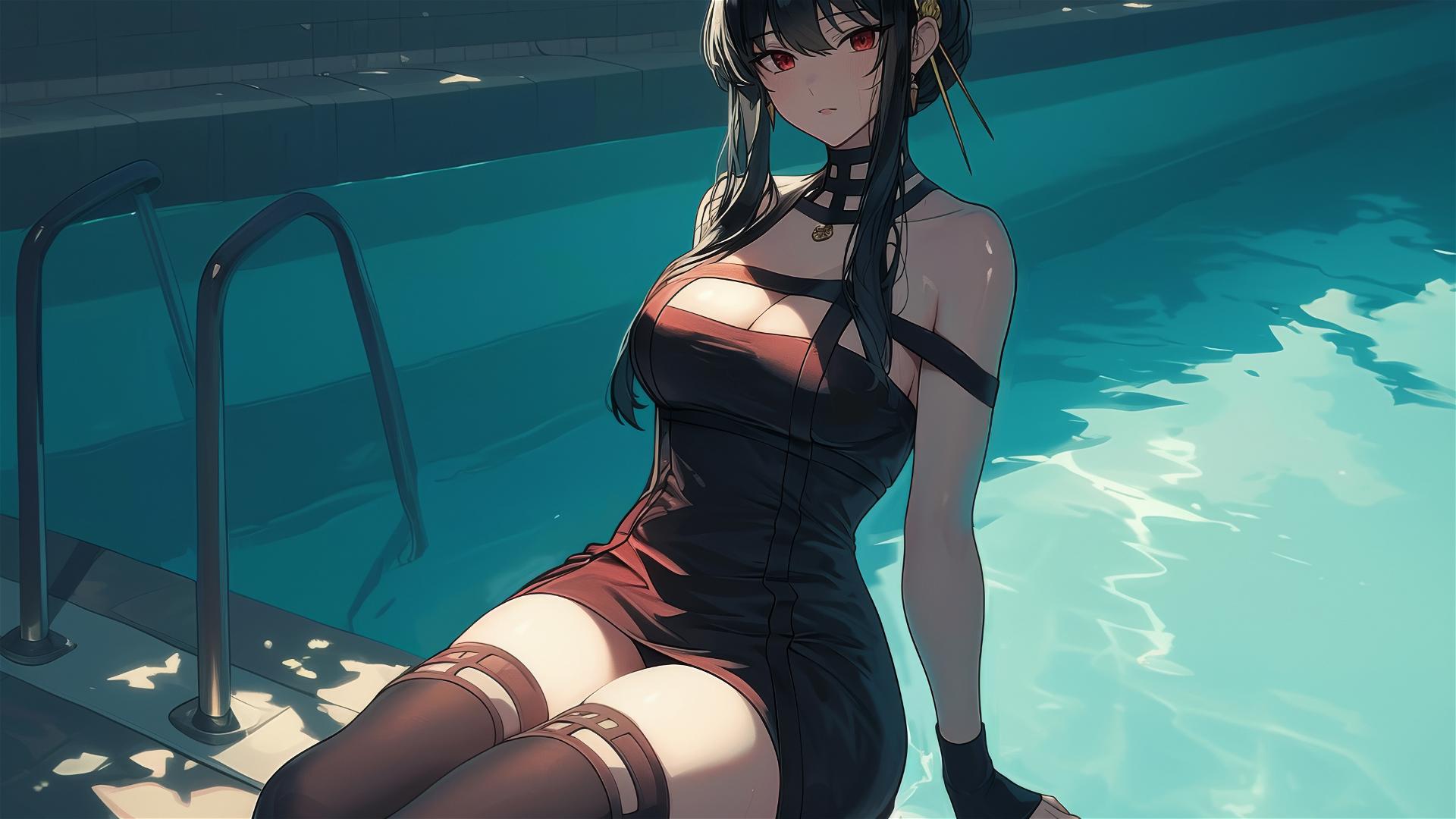 Yor Forger in bunny girl style swimming in a pool under moonlight