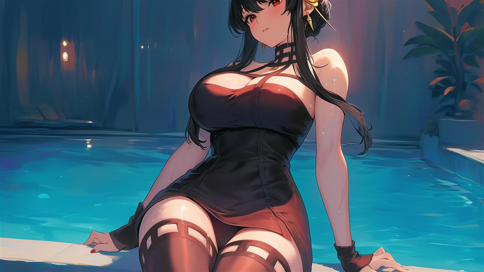 Yor Forger from Spy x Family in bunny style swimming under moonlight