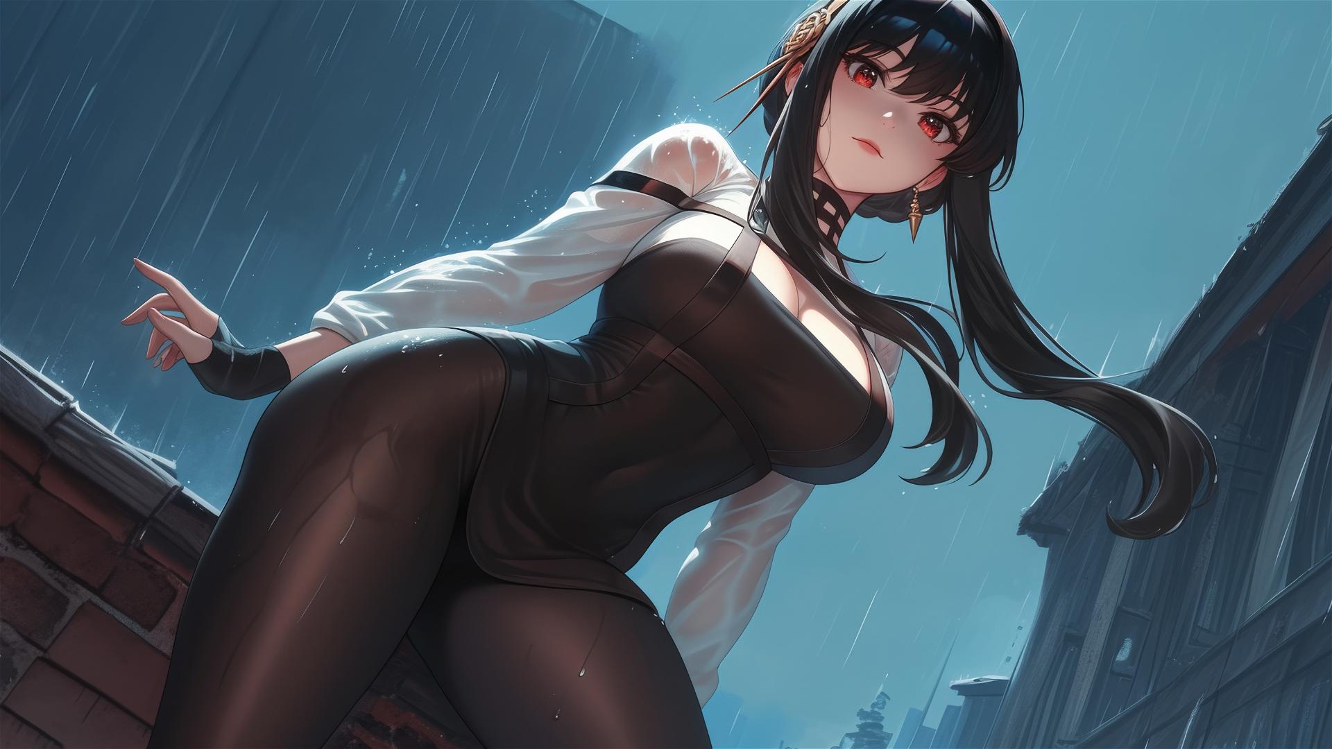 Yor Forger, white shirt, rain-soaked rooftop, moonlit silhouette