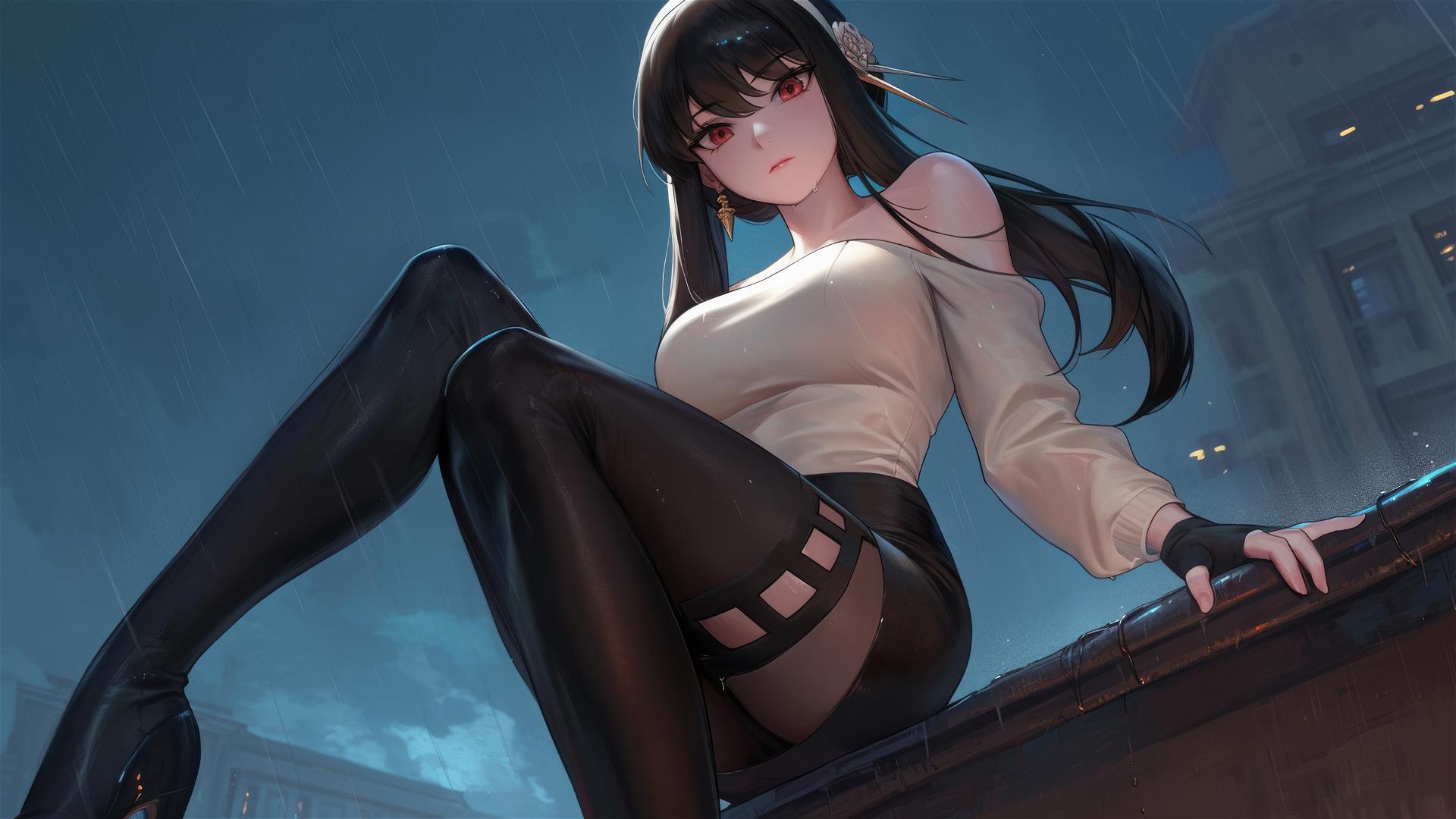 Yor Forger from Spy x Family standing on a rainy rooftop under moonlight