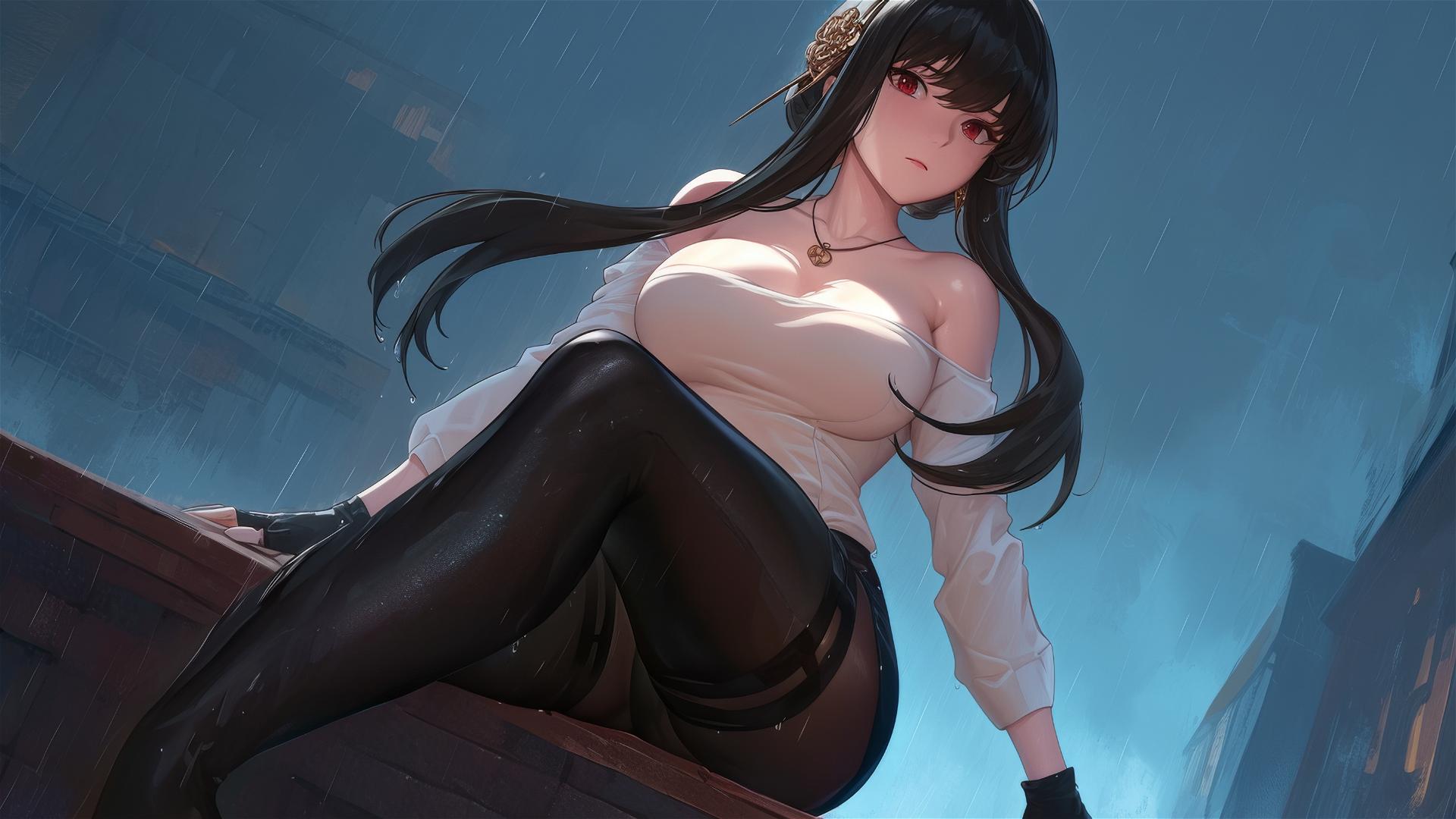 Yor Forger from Spy x Family standing on a rooftop in the rain with moonlight