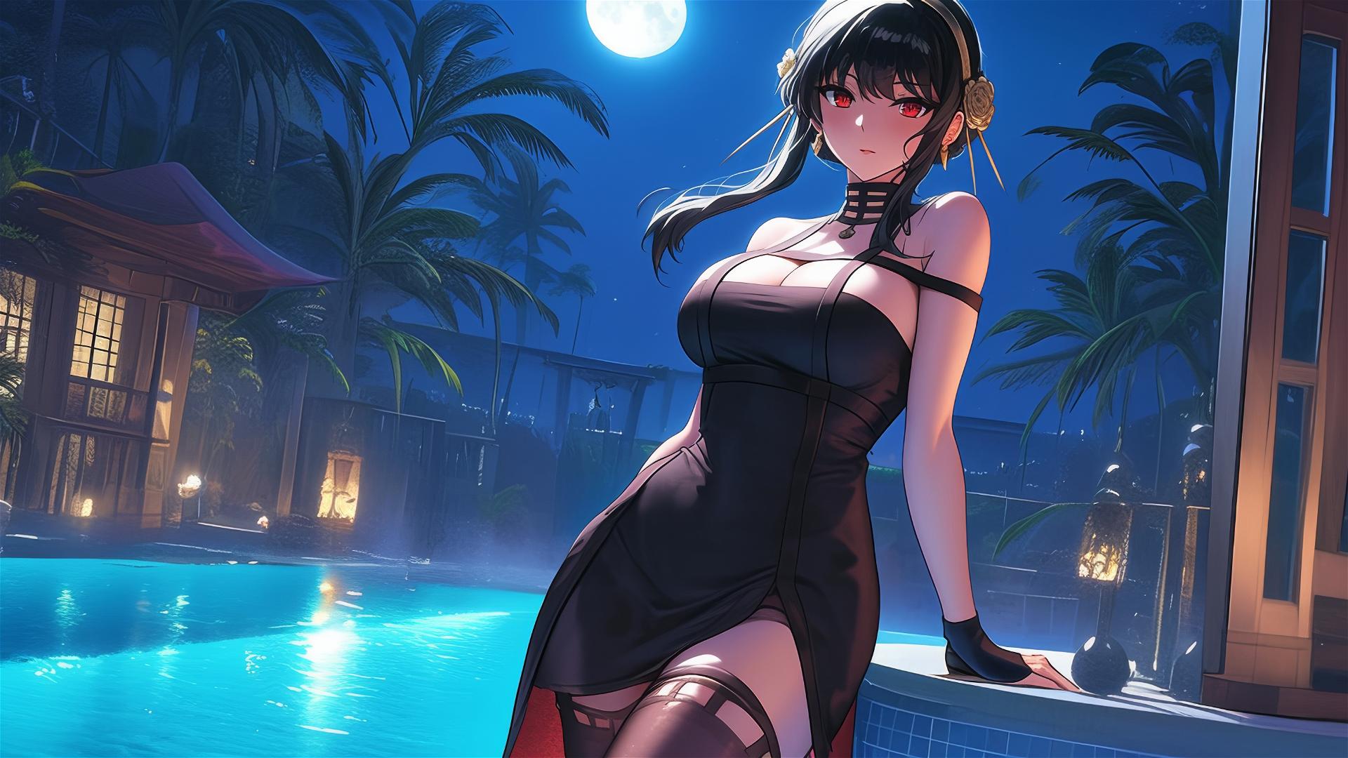 Yor Forger from Spy x Family standing in a pool under moonlight
