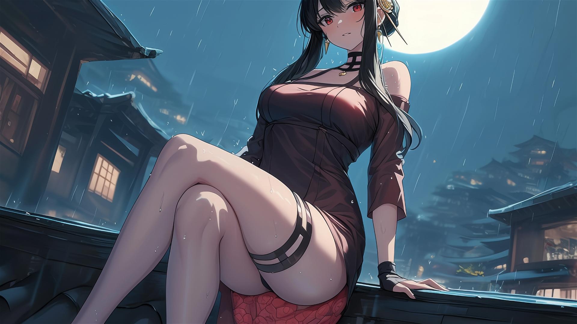 Yor Forger in silk pajamas stands on a rainy rooftop under moonlight.