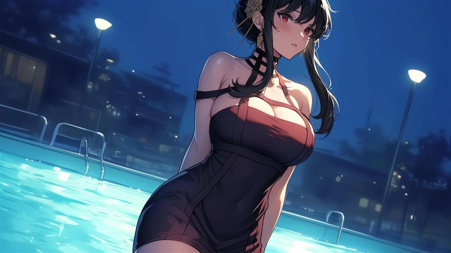 Yor Forger in a pool under moonlight