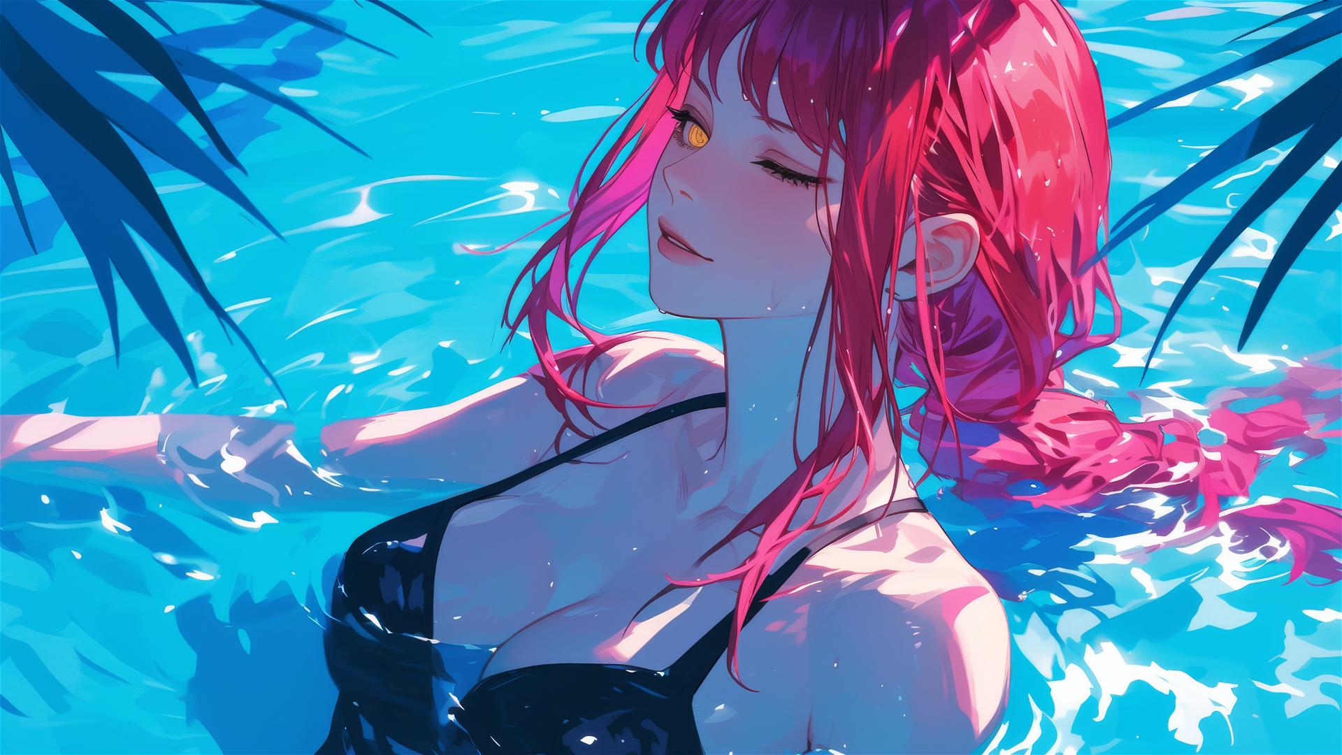 Makima from Chainsaw Man standing in a pool under moonlight