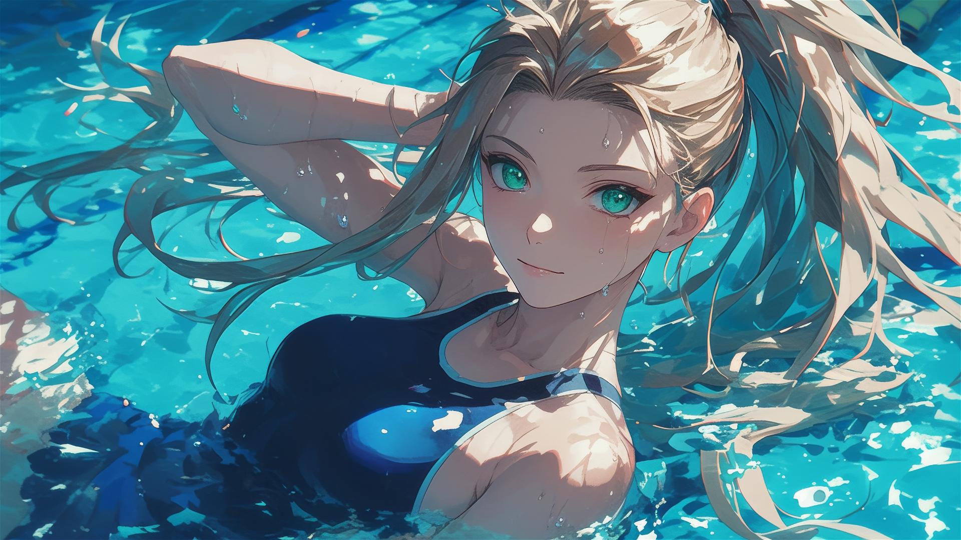 Ino Yamanaka from Naruto swimming in a pool under moonlight