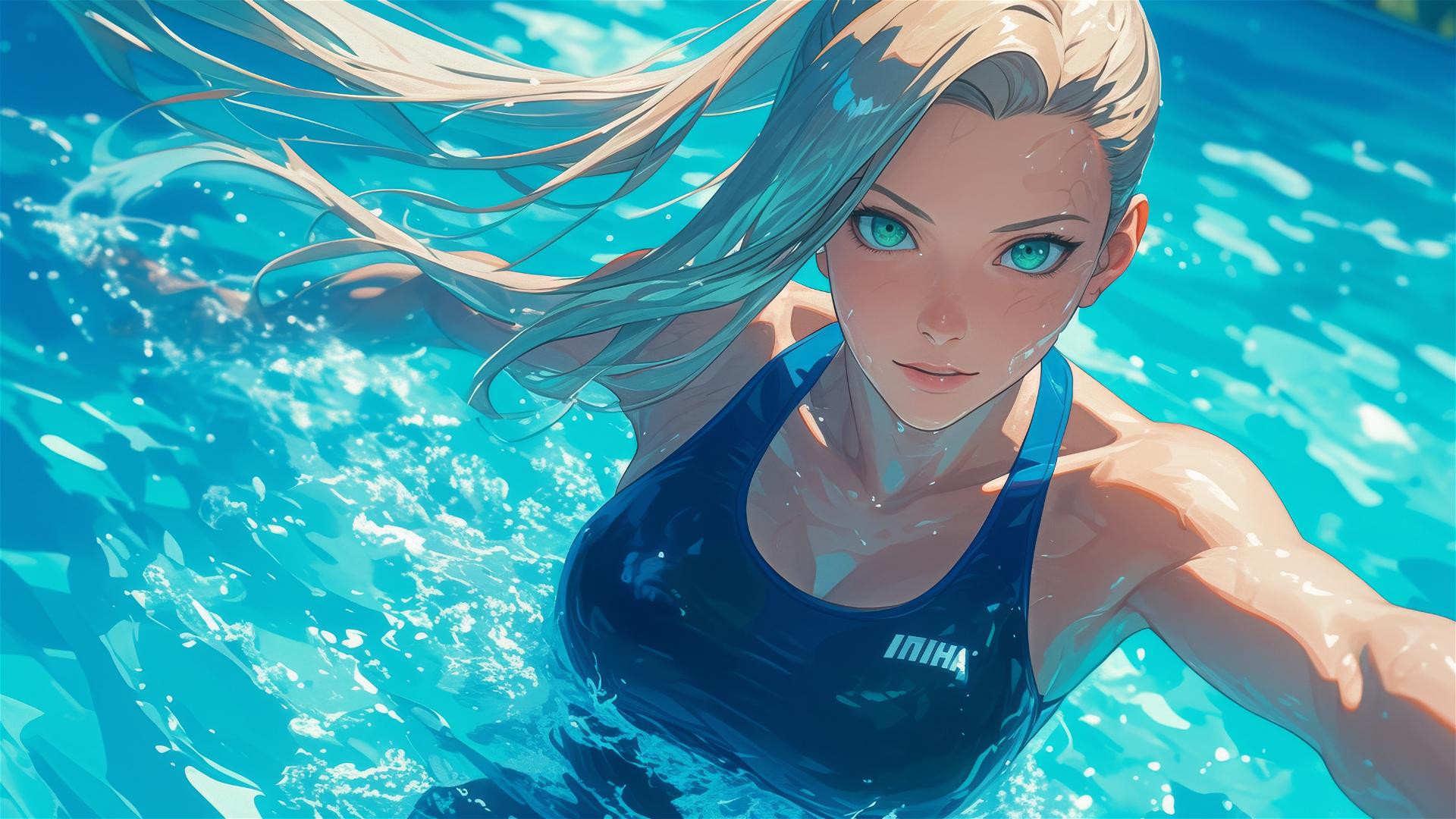 Ino Yamanaka from Naruto swimming in moonlit pool