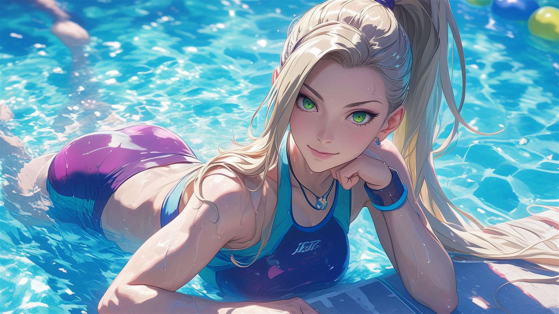 Ino Yamanaka from Naruto resting by a pool under moonlight with green eyes