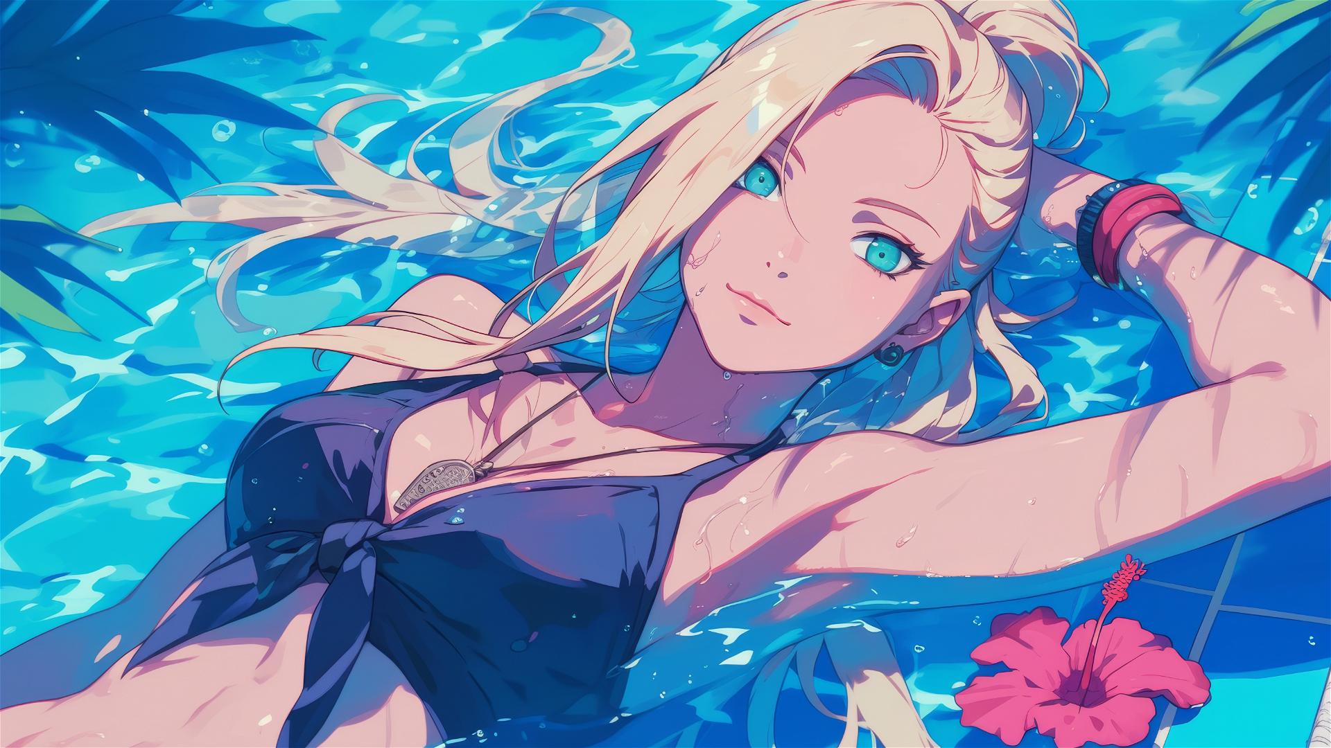 Ino Yamanaka resting by pool under moonlight with green eyes