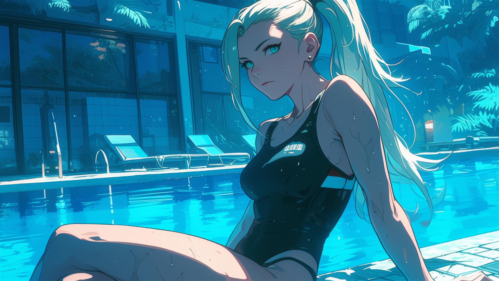 Ino Yamanaka from Naruto resting by the pool under moonlight with green eyes