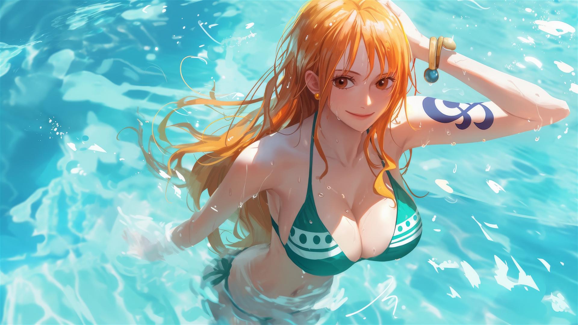 Nami from One Piece standing in a pool under moonlight