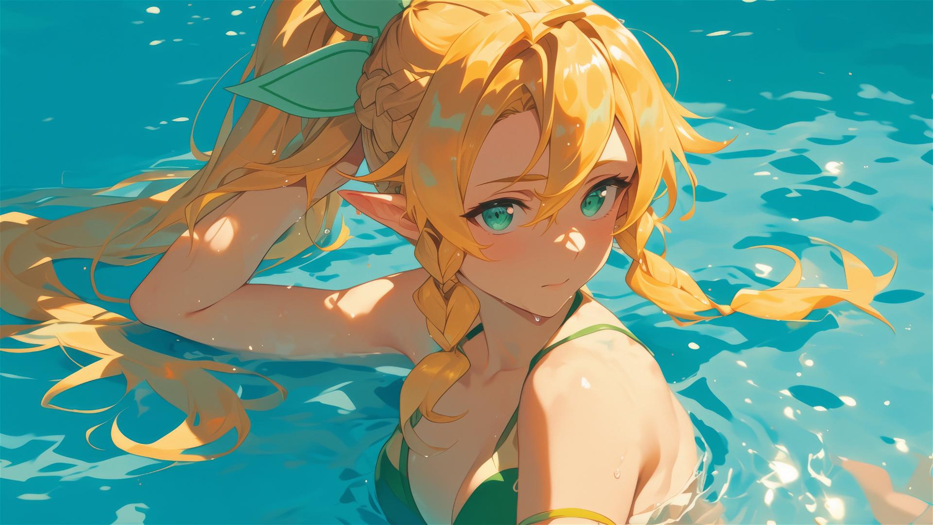 Leafa from SAO standing in a pool under moonlight
