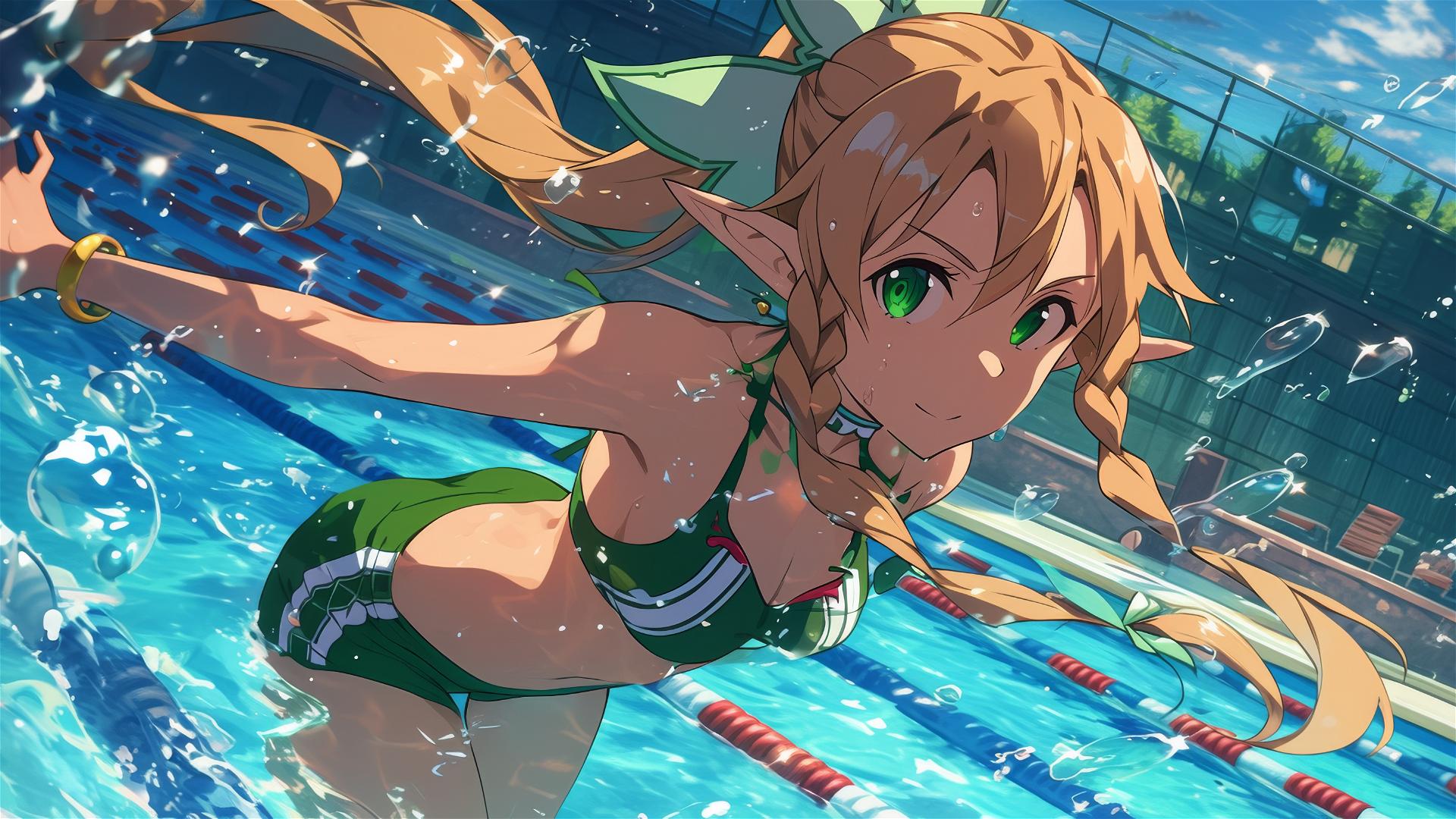 Leafa from Sword Art Online by the pool in moonlight