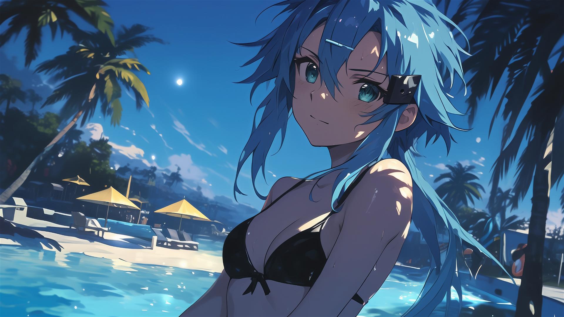 Sinon from SAO standing by the pool under moonlight with green eyes