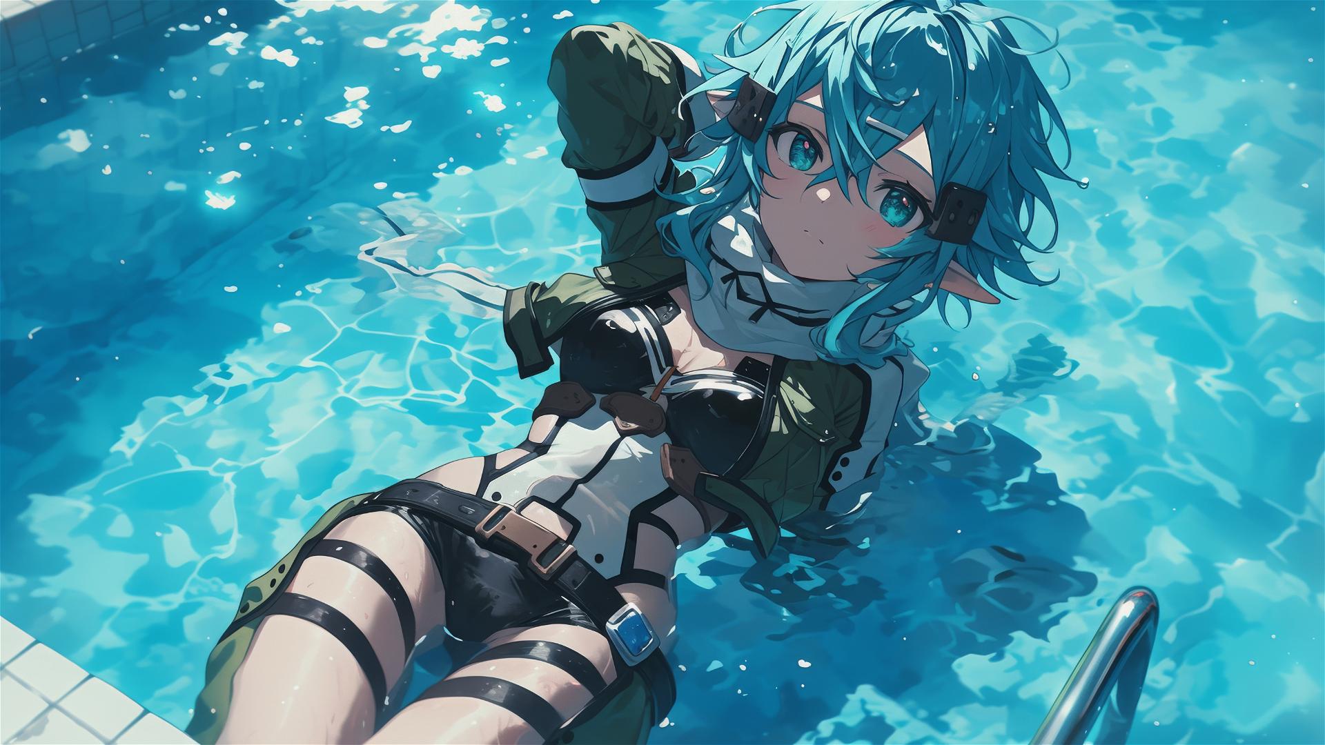Sinon in pool with moon glow, green eyes