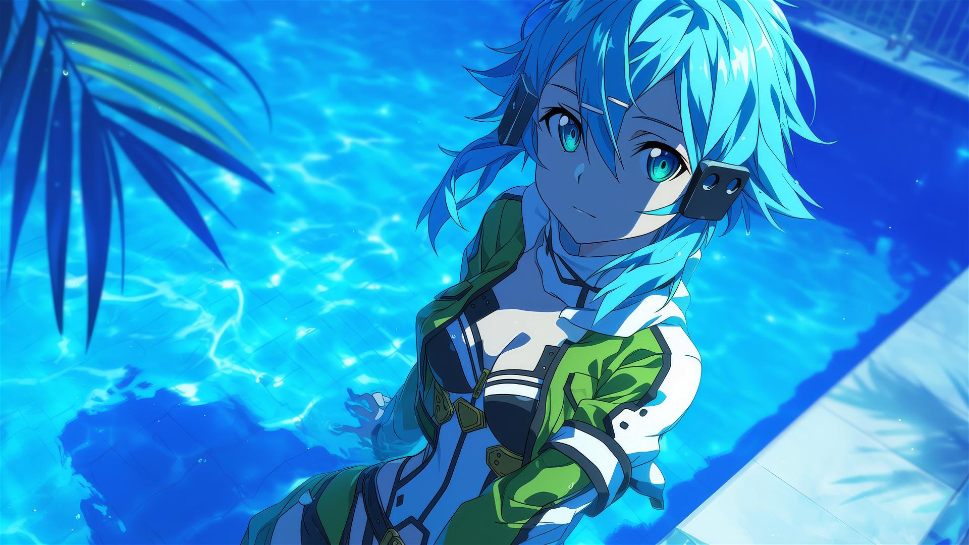 Sinon from Sword Art Online in a pool under moonlight, green eyes glinting