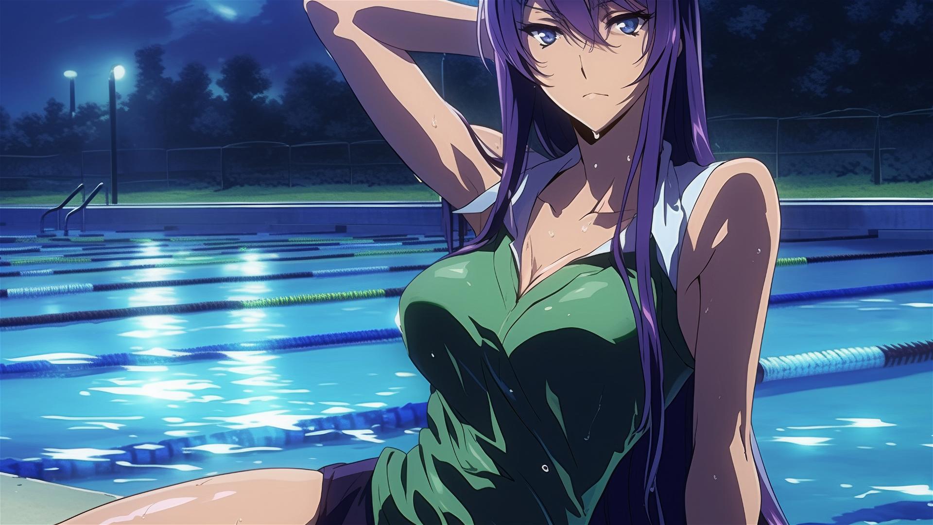Saeko Busujima from Highschool of the Dead resting in pool under moonlight