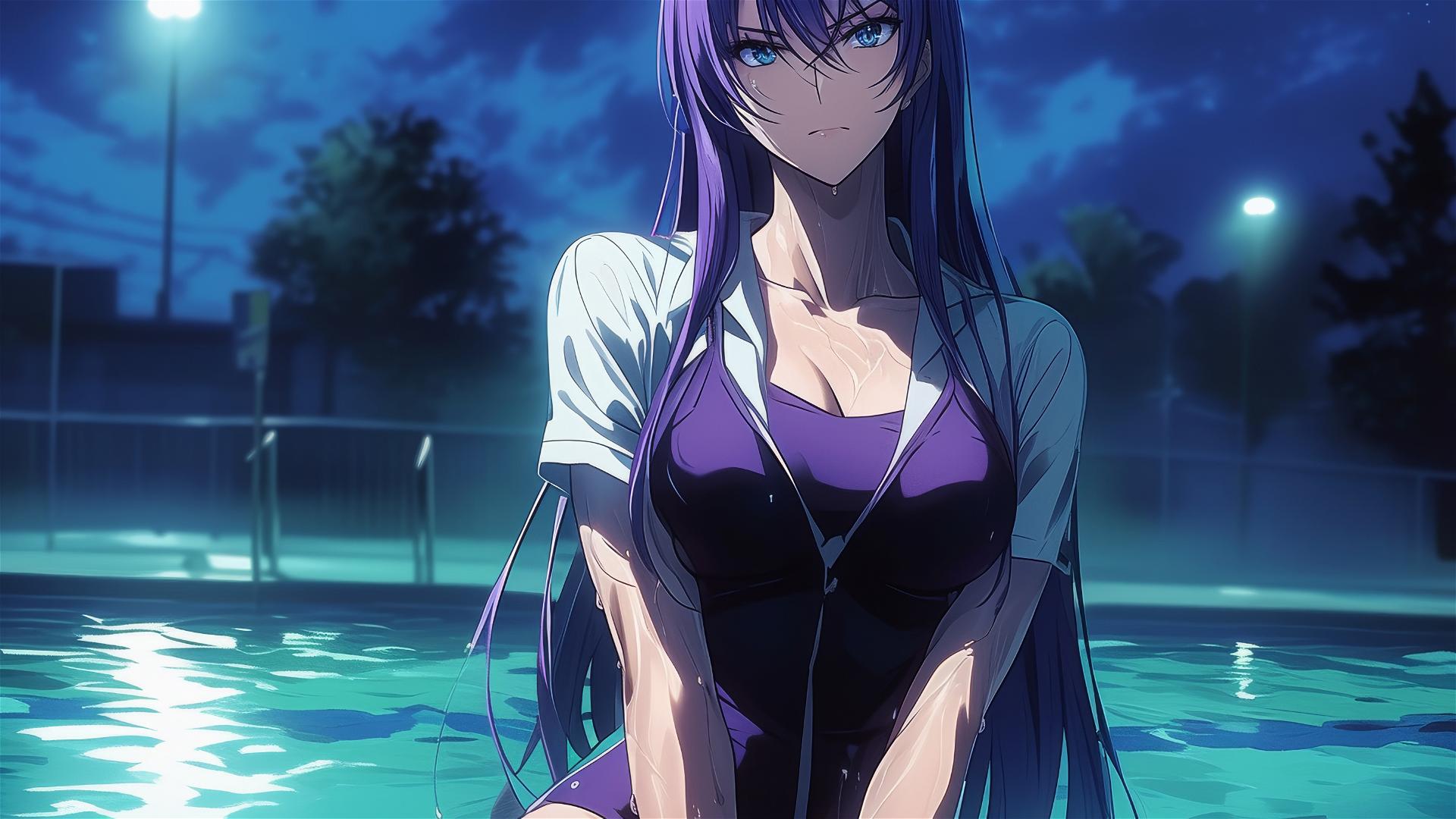 Saeko Busujima from Highschool of the Dead swimming under moonlight