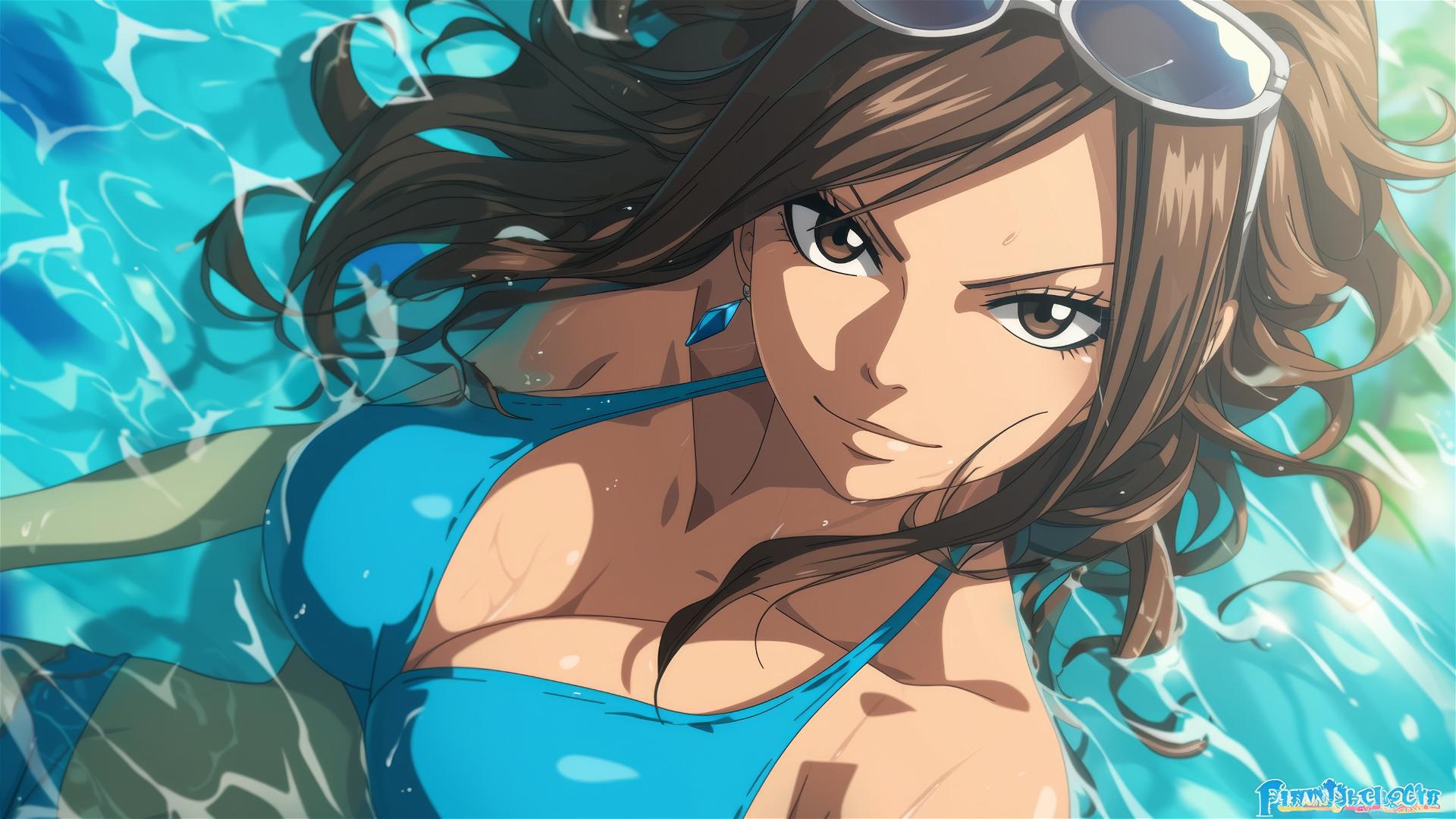 Cana Alberona from Fairy Tail swimming in a pool under moonlight