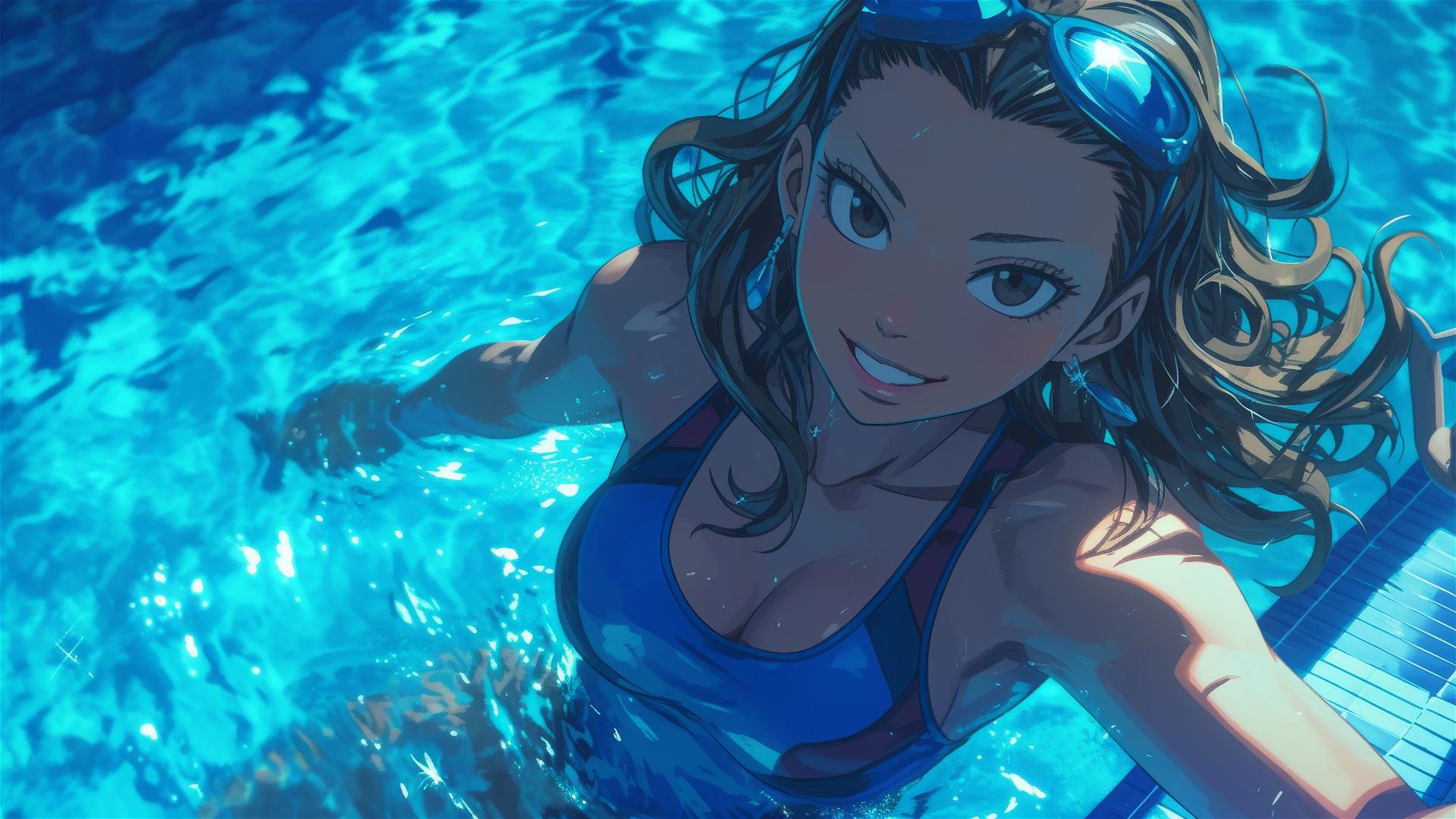 Cana Alberona from Fairy Tail swimming under moonlight with sparkling eyes