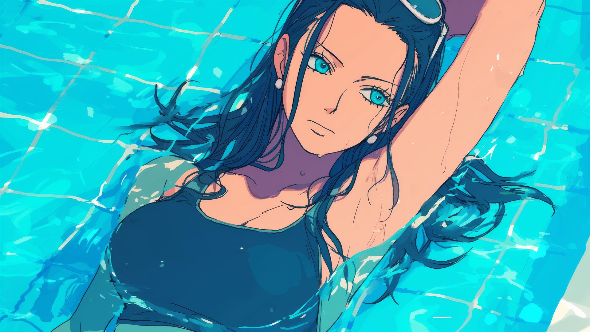 Nico Robin from One Piece swimming in a pool under moonlight